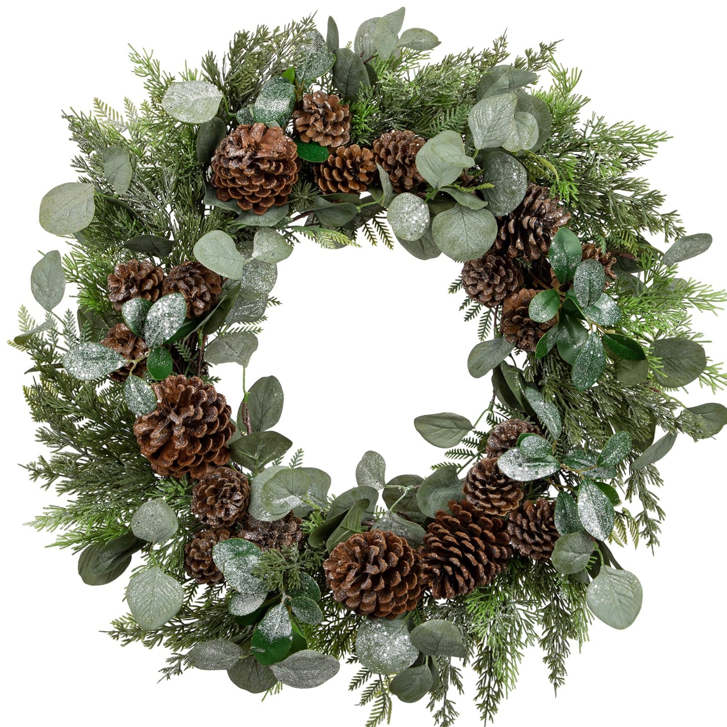Briful Artificial Christmas Wreath 24 Inch Large Front Door Wreath with Glittering Eucalyptus Green Leaves Pine Branches Pine Cones for Home Room Mantle Wall Window Xmas Indoor Outdoor Decor
