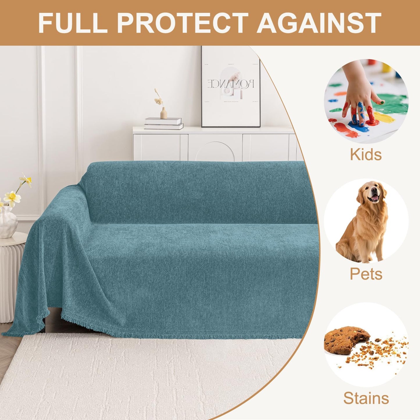 Smiry Couch Cover for Dogs, Washable Chenille Sofa Covers for 3 Cushion Couch, Soft Sofa Slipcover for Pets, Thick Sectional Furniture Protector with Tassels (Blue, 88.5x134 Inch)