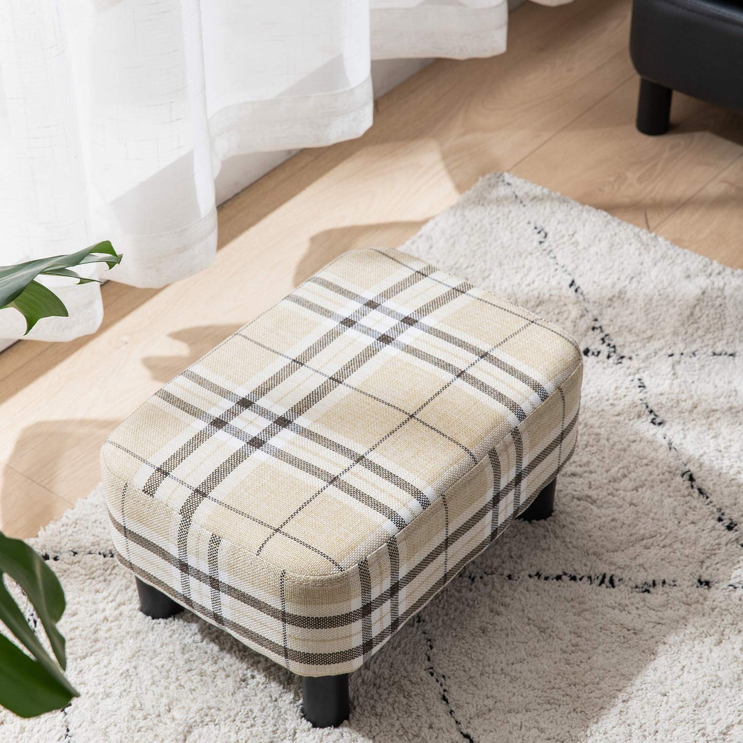 IBUYKE 16.54" Small Footstool, Linen Fabric Pouf, with Padded Seat Pine Wood Legs and Padded Rectangular Stool, for Bedroom, Stripe RF-BD215