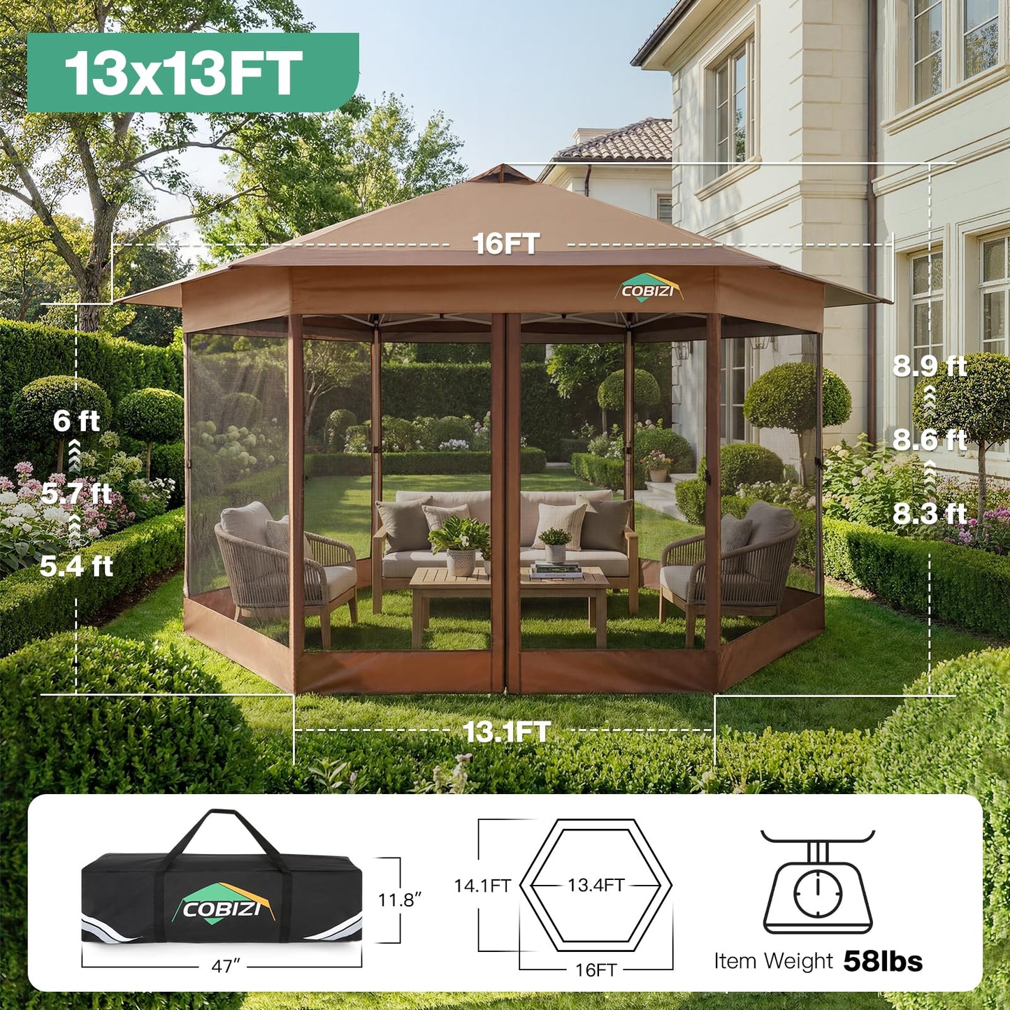 COBIZI 13x13 Pop up Gazebo, Hexagonal Outdoor Canopy Tent with Mosquito Netting, Portable 6-Sided Gazebo Tent, Waterproof, UV Resistant Height for Backyard, Gardens, Patio（Brown）