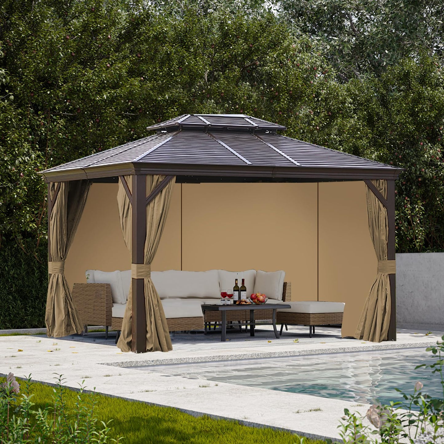 slashome 12'x14' Gazebo Curtains Outdoor Waterproof, Khaki Universal Replacement Curtain 4-Panels, Sidewalls with Zipper for Garden, Patio, Yard (Only Curtains)