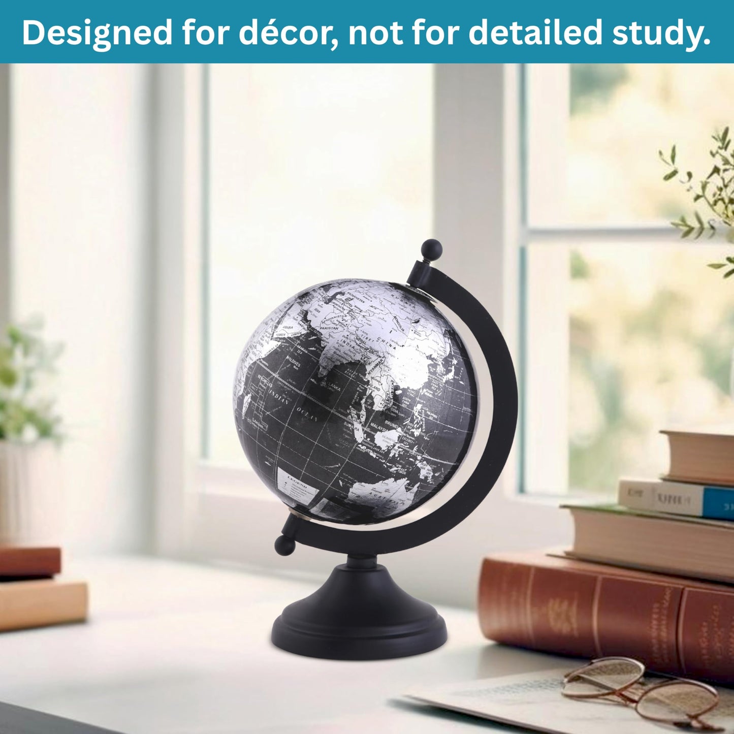 Rely+ 5" World Globe With Sturdy Metal Stand (NOT PLASTIC!) - Desktop Globes For Home Desk Table Office Decor - Book Shelf Decor Globe - 5 Inch - Metallic Black