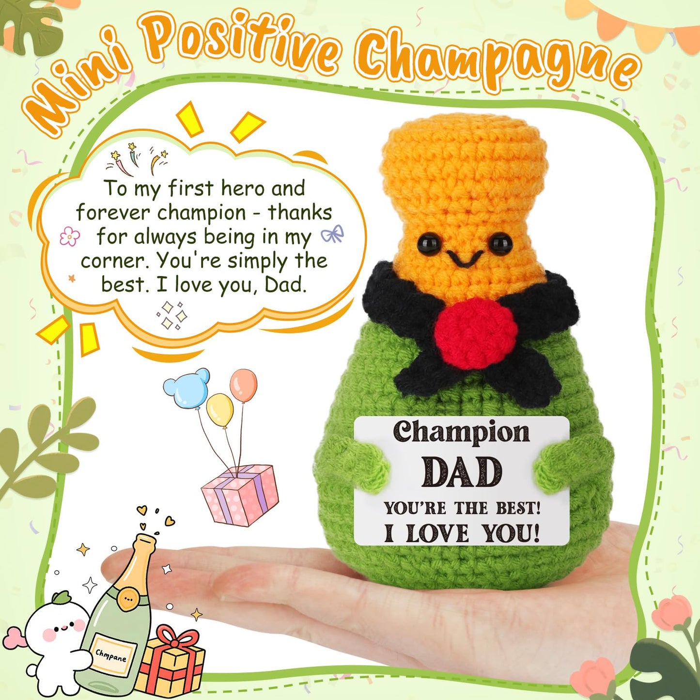 Xinezaa Mini Crochet Valentines Birthday Gifts for Men, Best Dad, Step Dad, Unique Gifts for Men Valentines, Cute Handmade Champagne Gift for Father's Day, Valentines Day Decorations for Home