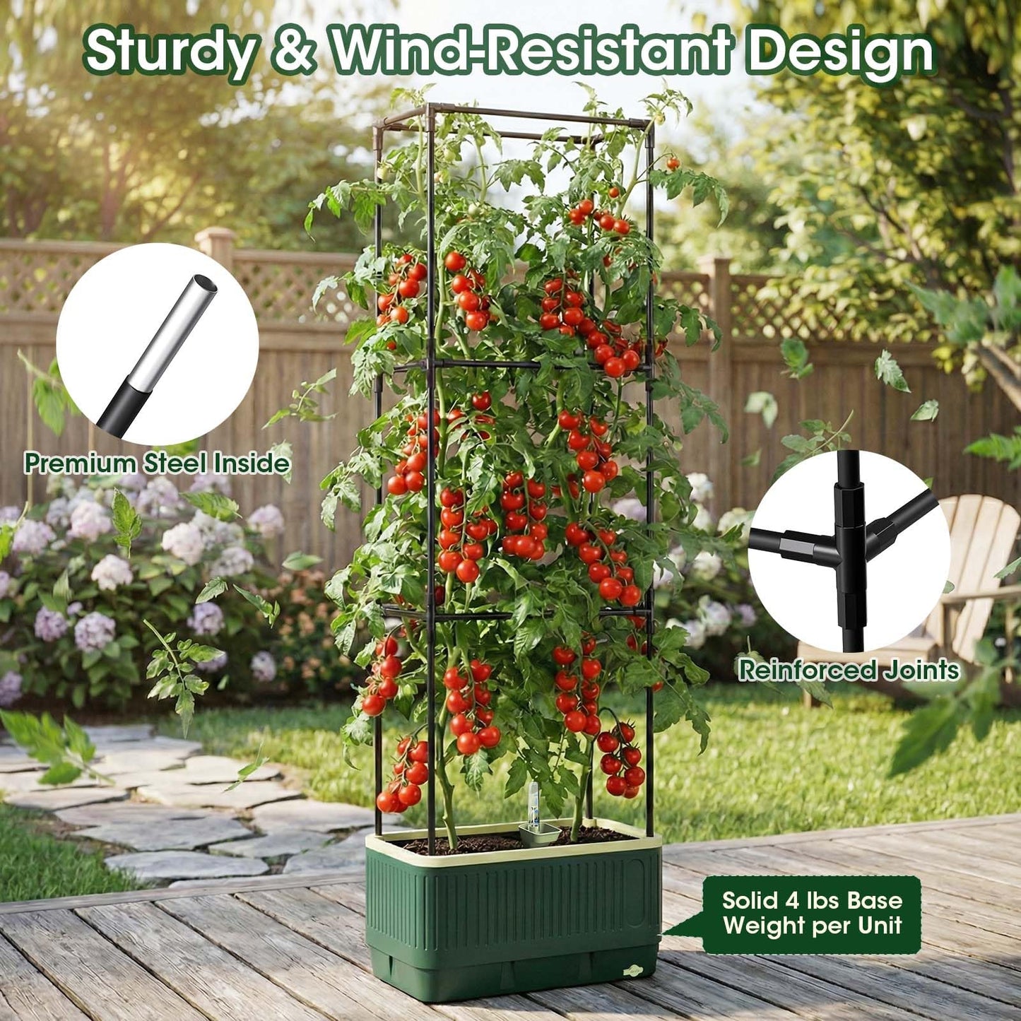 MQHUAYU 51" Self Watering Planter Box with Trellis, Tomato Planter Trellis for Raised Garden Bed, Tomato Cage with Visual Water Indicator, Indoor Outdoor Tomato Cages for Garden Patio
