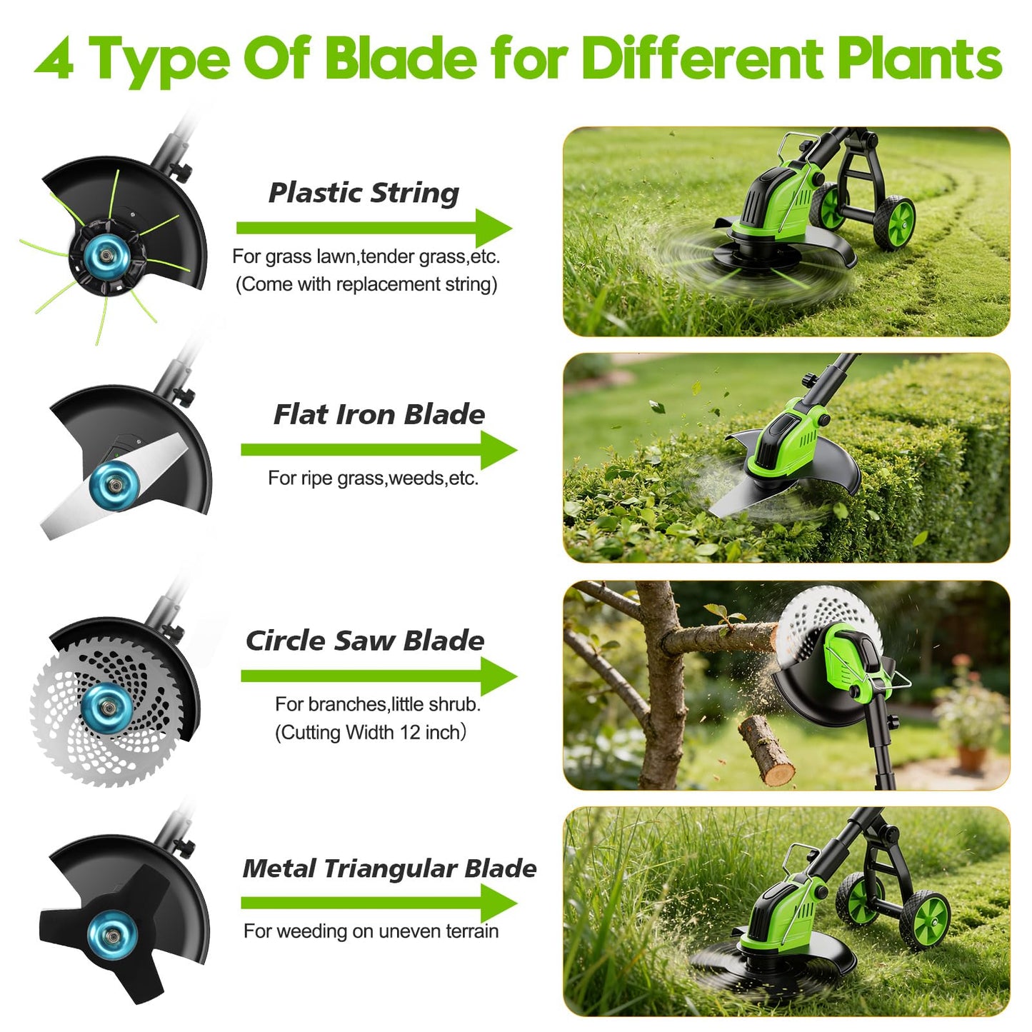 20000 RPM Electric Weed Eater Battery Powered 6000mAh, 12″ Brushless Electric Weed Wacker Cordless Wheeled Edger Trimmer, 4-in-1 Brush Cutter Heavy Duty/String Trimmer/Lawn Mower Edger, 2 Battery Tool