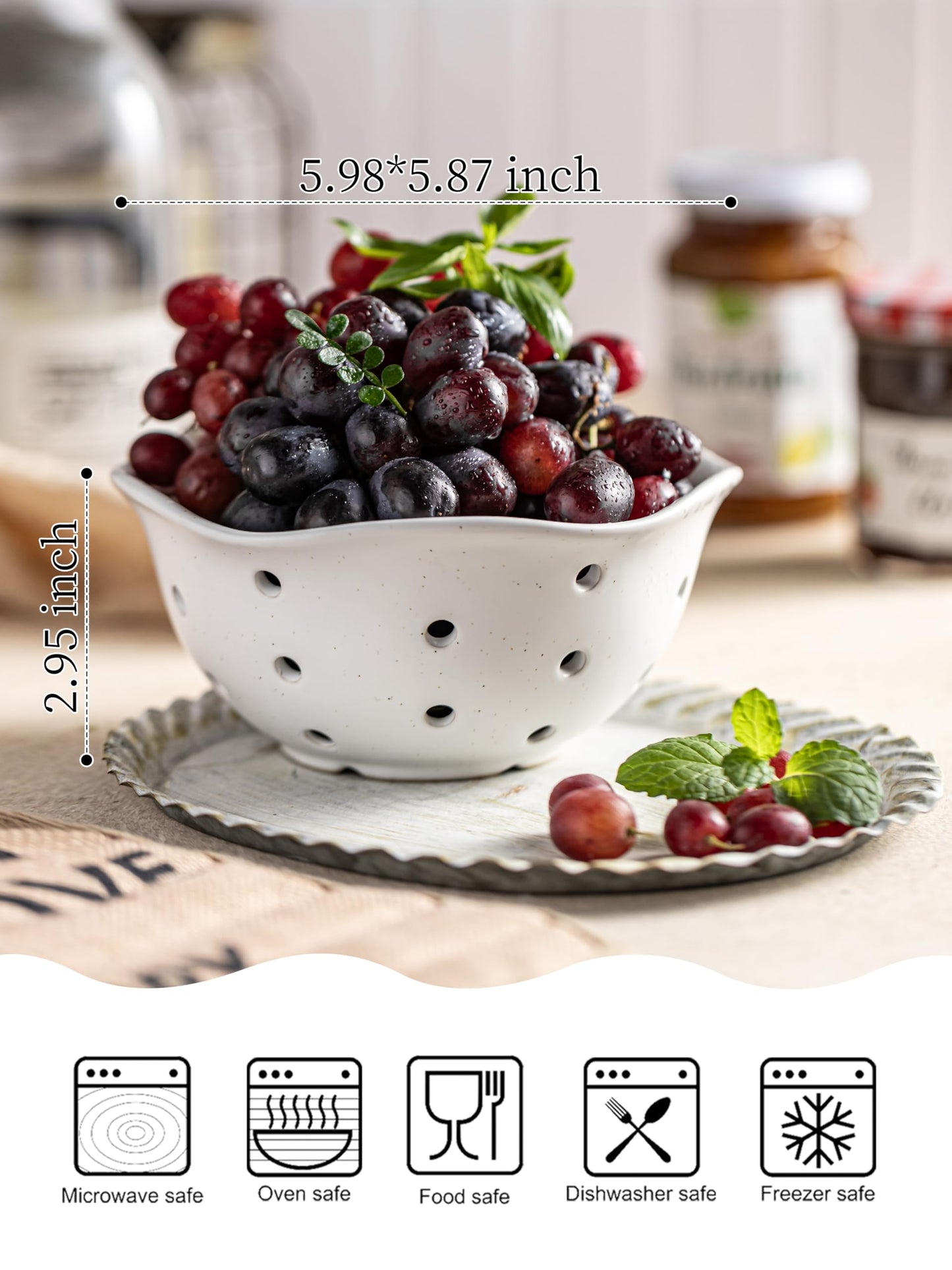 Gomakren Ceramic Berry Basket Set of 2, Rustic Fruit Basket Container 6 Inch, Fruit Bowl with Holes for Kitchen, Berries, Strawberry, Grape, Cherry, Floral Shape - Cream White