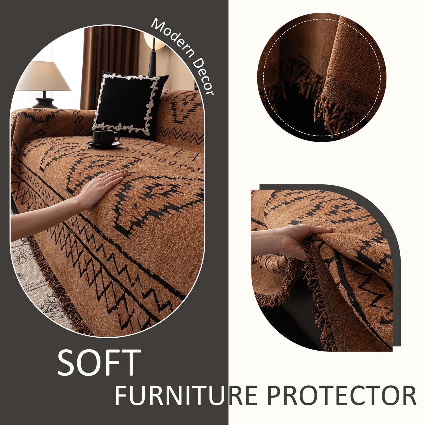 VClife Bohemian Sofa Covers Chenille Couch Cover for Sectional Couch, Soft Non Slip Couch Covers for 2 Cushion Sofa Breathable Sofa Furniture Protector Slip Cover for Couch, Pumpkin, 71"X118"
