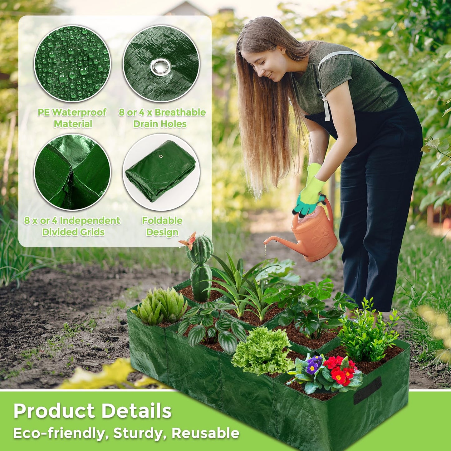 LifeisLuck Fabric Raised Garden Bed, 2 Pack 8 Grids and 4 Grids, 128 Gallon Rectangle Grow Bags with Drainage Holes, Breathable PE Planting Containers for Outdoor Vegetables Fruits Flowers