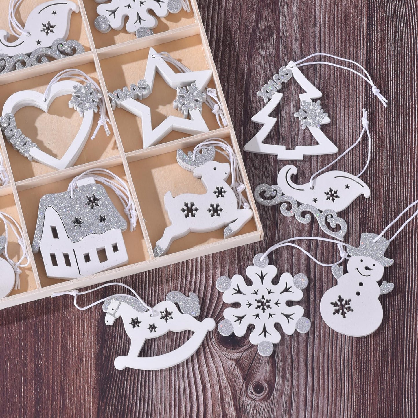 27Pcs Pieces Christmas Wooden Tree Decorations, White Silver Hanging Ornaments Set, Winter Holiday Party Snowflake Elk Snowman Decor Crafts for Xmas Wonderland Home Door Wall Window Box (White Silver)