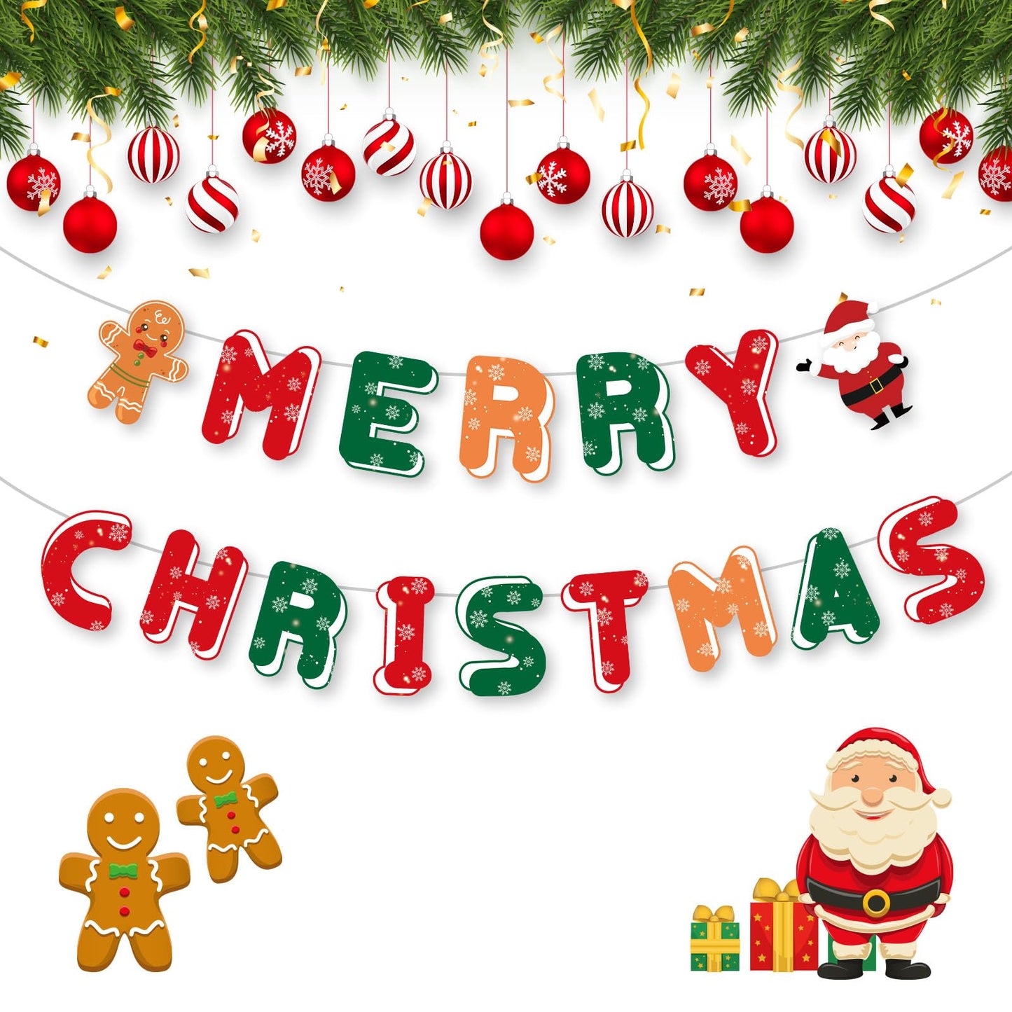Merry Christmas Decorations Banners - Paper Christmas Banner, Santa Claus Reindeer Sign Garland Backdrop for Winter Xmas Indoor Outdoor Home Office Fireplace Wall Party Decor Supplies Favors Props