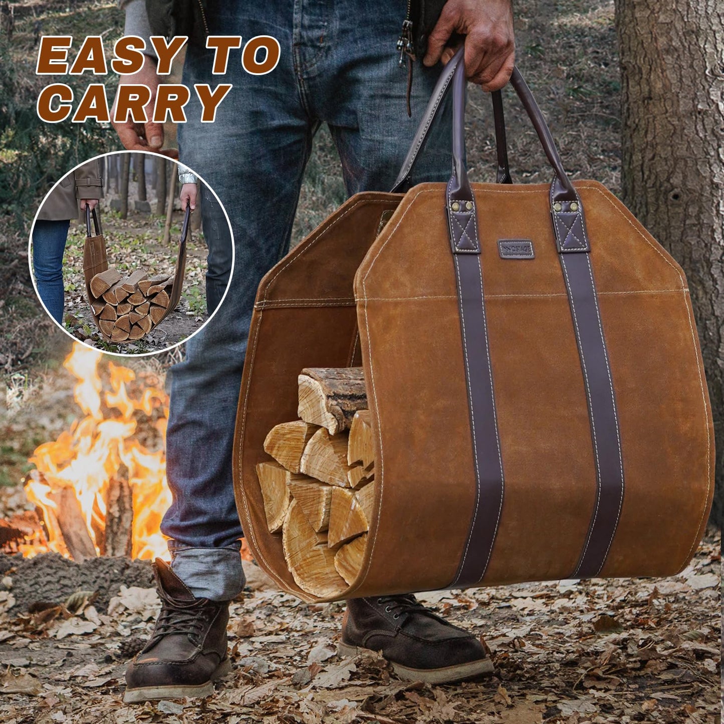 INNO STAGE Canvas Log Carrier Bag,Durable Wood Tote,Fireplace Stove Accessories,Extra Large Firewood Holder with Handles for Camping (Rust)