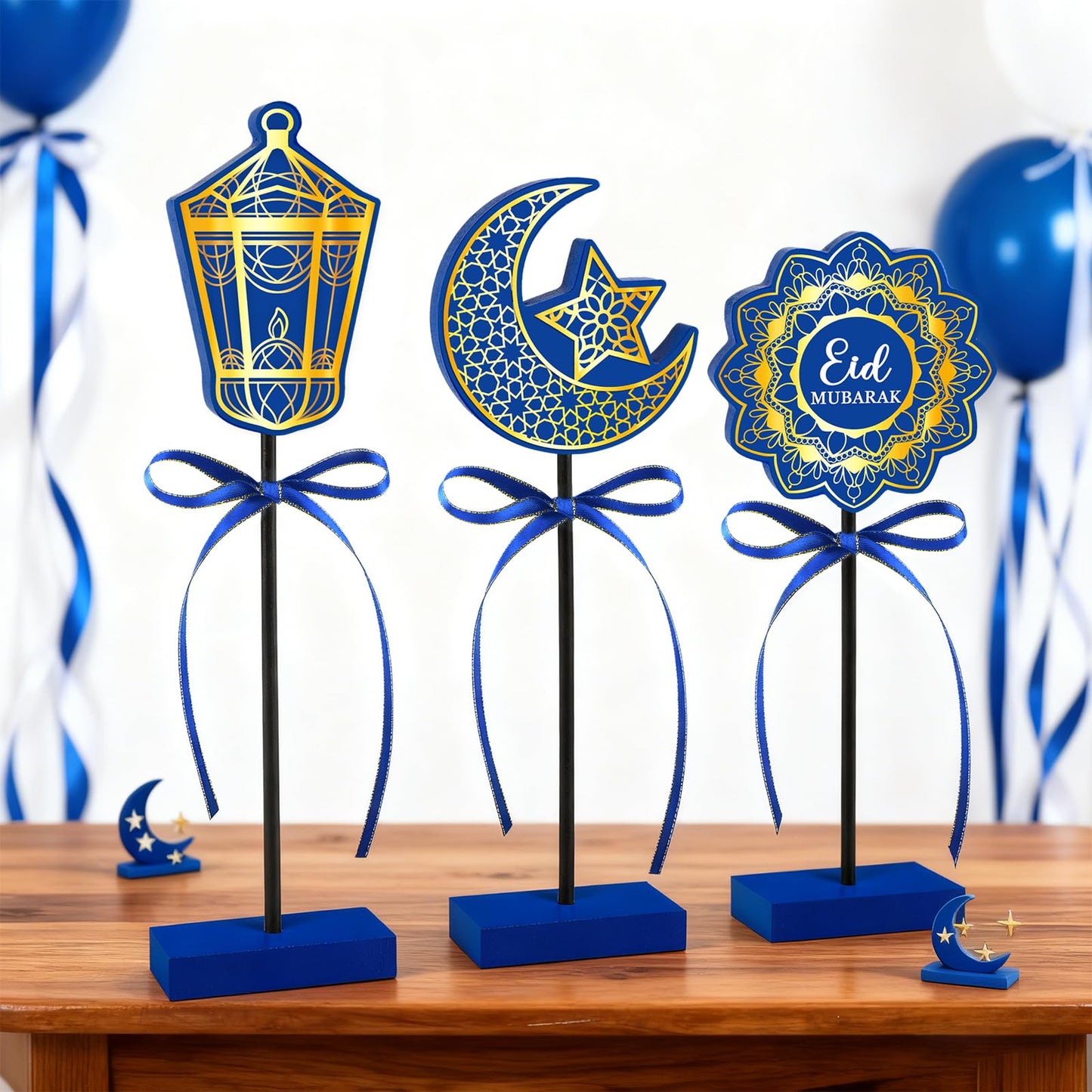 3 PCS Ramadan Table Decorations Wooden Eid Mubarak Signs Rustic Islamic Ramadan Tiered Tray Decor for Muslim Party Home Kitchen Decor (Blue.Classic)