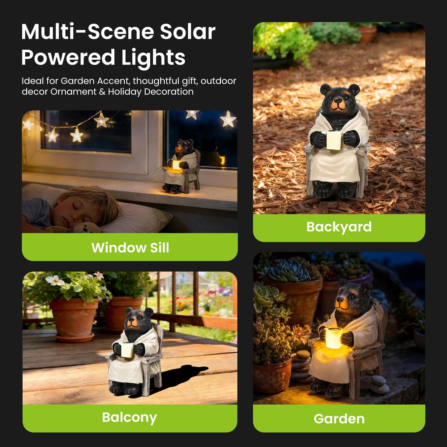 SOWSUN Miniature Garden Statue, Solar Black Bear Decoration with Light, Outdoor Decor for Patio Yard Lawn Balcony, Christmas/Birthday Gift for Mom Women