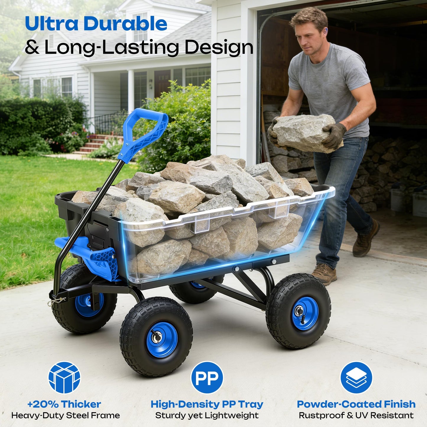 Autodaya 900LB Garden Dump Cart, 2026 Upgraded Heavy Duty Wheelbarrow Cart with 10" Non-Slip Pneumatic Tires & Quick-Release System, 4-Wheel Steel Frame Wagon for Transportation in Yard, Farm, Garden