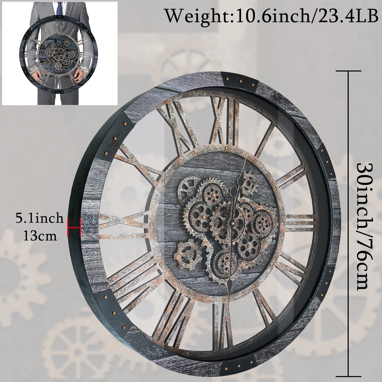 TOPPTIK 30 Inch Industrial Steampunk Wall Clock, Gray, Battery Operated, Real Rotating Gears, Solid Wood Frame, Oversized Wall Clock for Living Room Decor