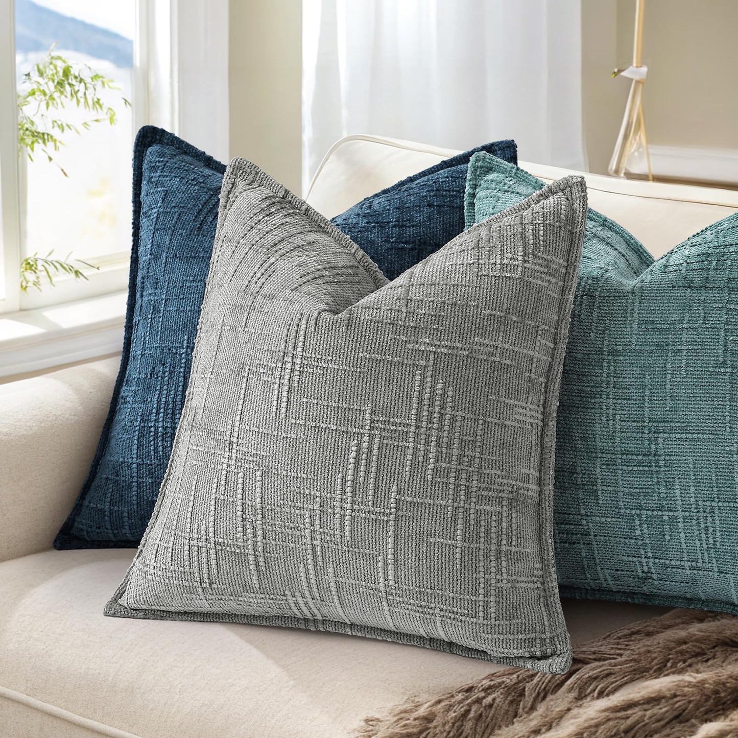 decorUhome Chenille Throw Pillow Covers 20x20 Set of 2, Thick Textured Slubby Neutral Decorative Pillow Covers with Elegant Design for Couch, Sofa, Living Room, Navy Blue