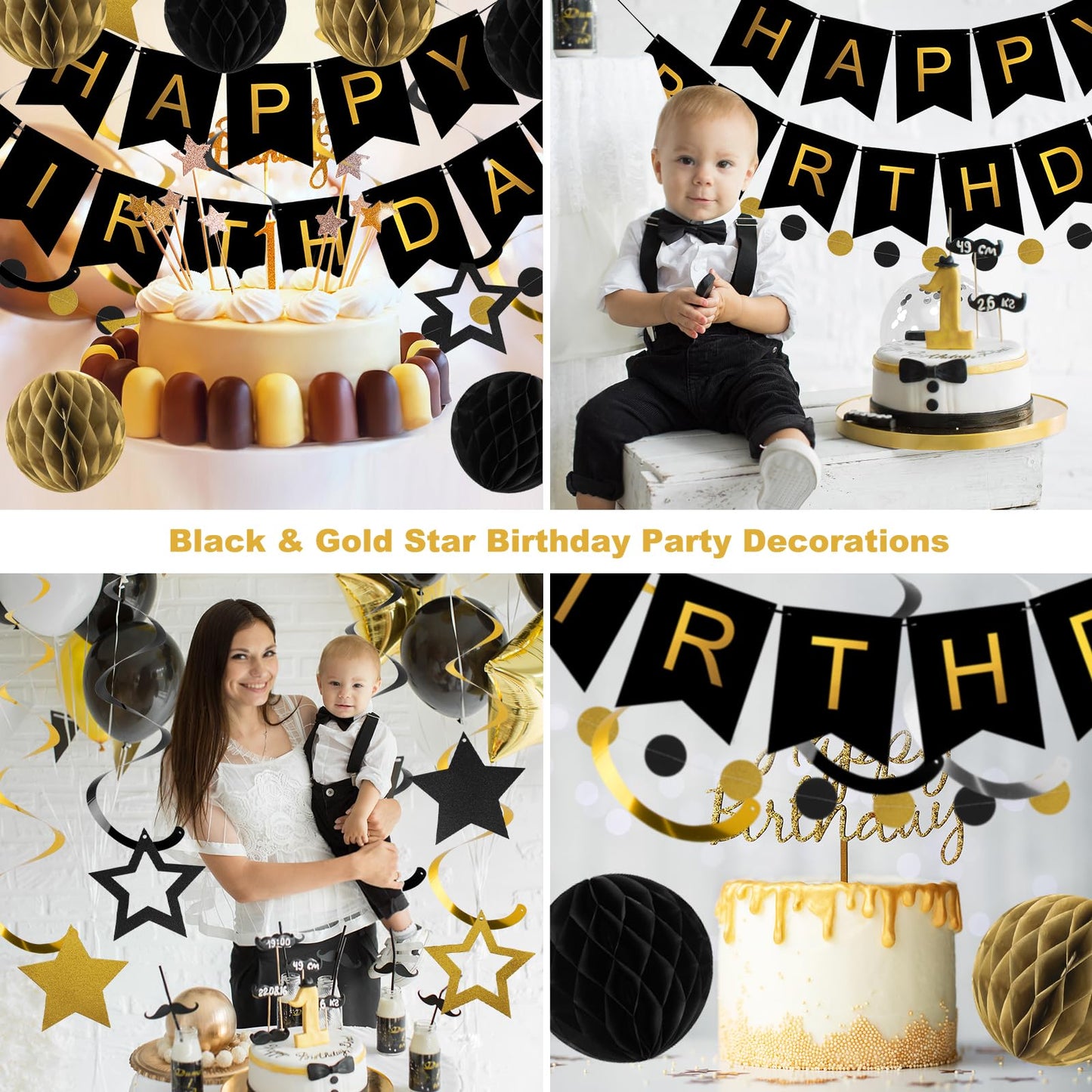 meowtastic Birthday Decorations, Happy Birthday Banner with Honeycomb Balls, Star Hanging Swirl Streamers, Circle Dot Garland, Happy Birthday Party Decorations for Women Men Boys Girls (Black & Gold)