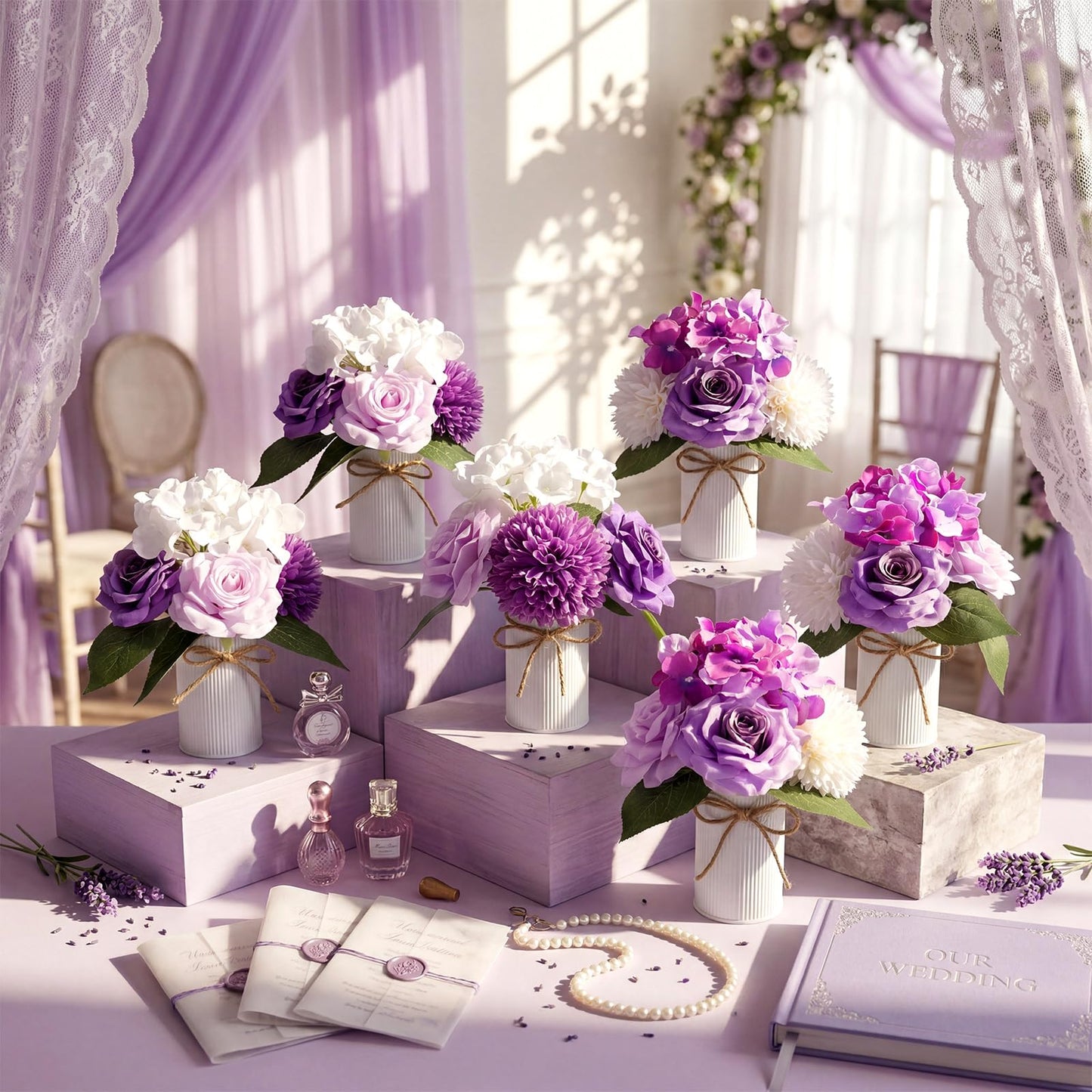 Zeyune 6 Sets Artificial Spring Centerpiece for Tables Fake Purple Plants with Galvanized Pots Farmhouse Purple Flowers Bouquet for Wedding Home Office Rustic Decor