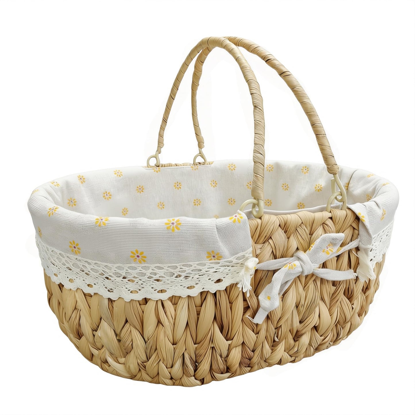 Oval Wicker Picnic Basket with Folding Handles and Lining for 2, Handwoven Water Hyacinth Hamper,Willow Hand Woven Shopping Basket, Bath Storage Camping Outdoor Beach Gift