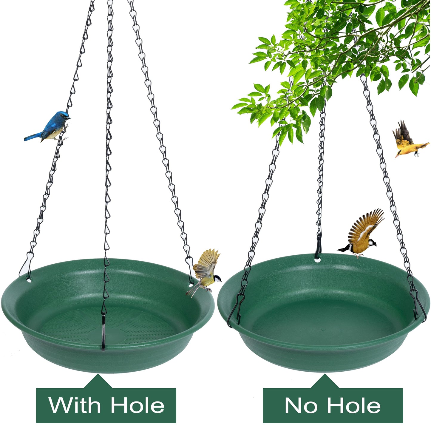 VUWEZ Hanging Bird Feeder & Bath for Outdoors, Wild Bird Feeders Tray, Hanging Birdfeeder Birdbath for Outside, Cardinal, Blue Jay, Crow, Birdfeeders Trays (10", 1 Pcs with Hole & 1 Pcs No Hole)