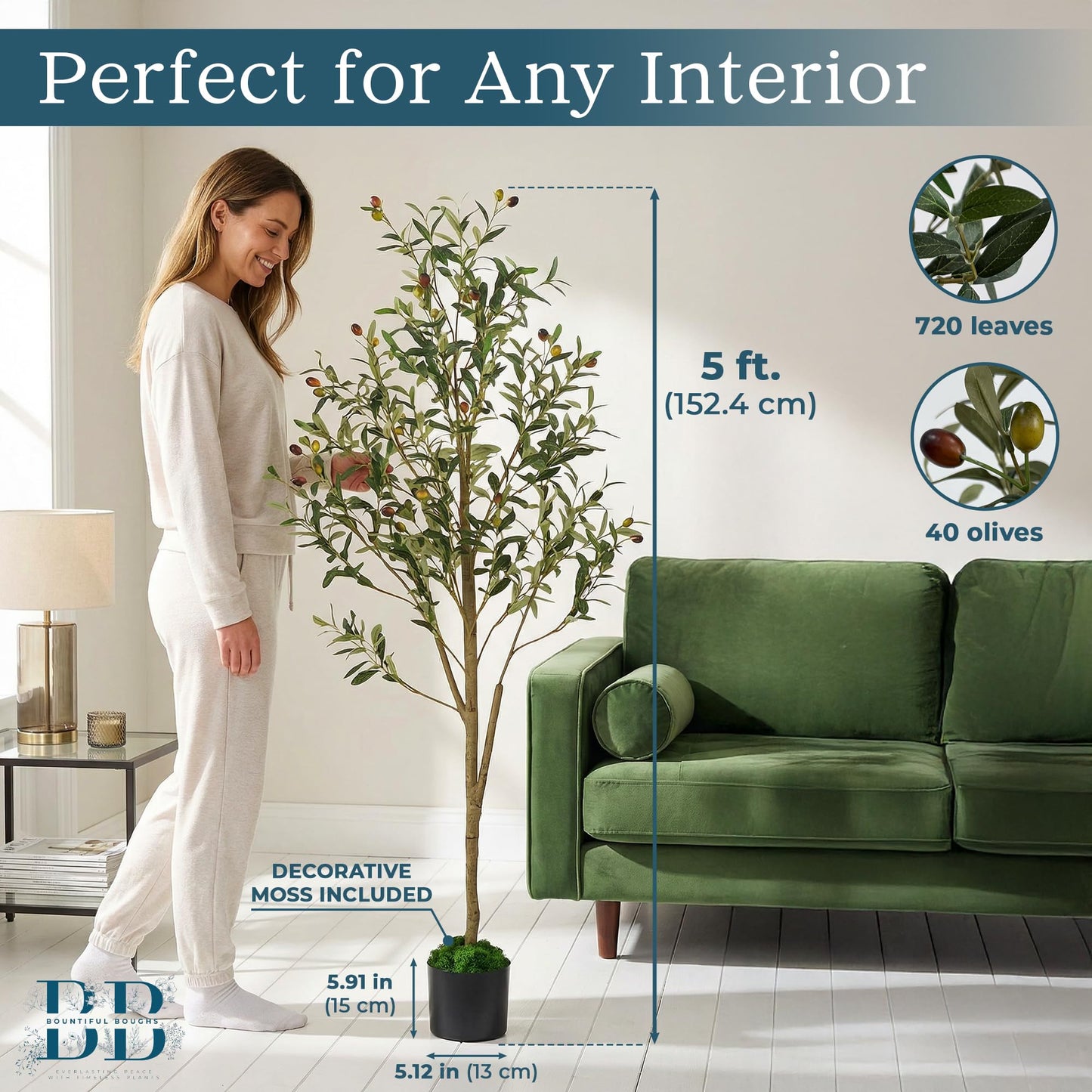 5ft (150 cm) Artificial Olive Tree with Black Plastic Pot & Moss – 720 Leaves, 40 Olives, Realistic Fake Indoor Potted Plant for Home, Bedroom, Office & Living Room Decor