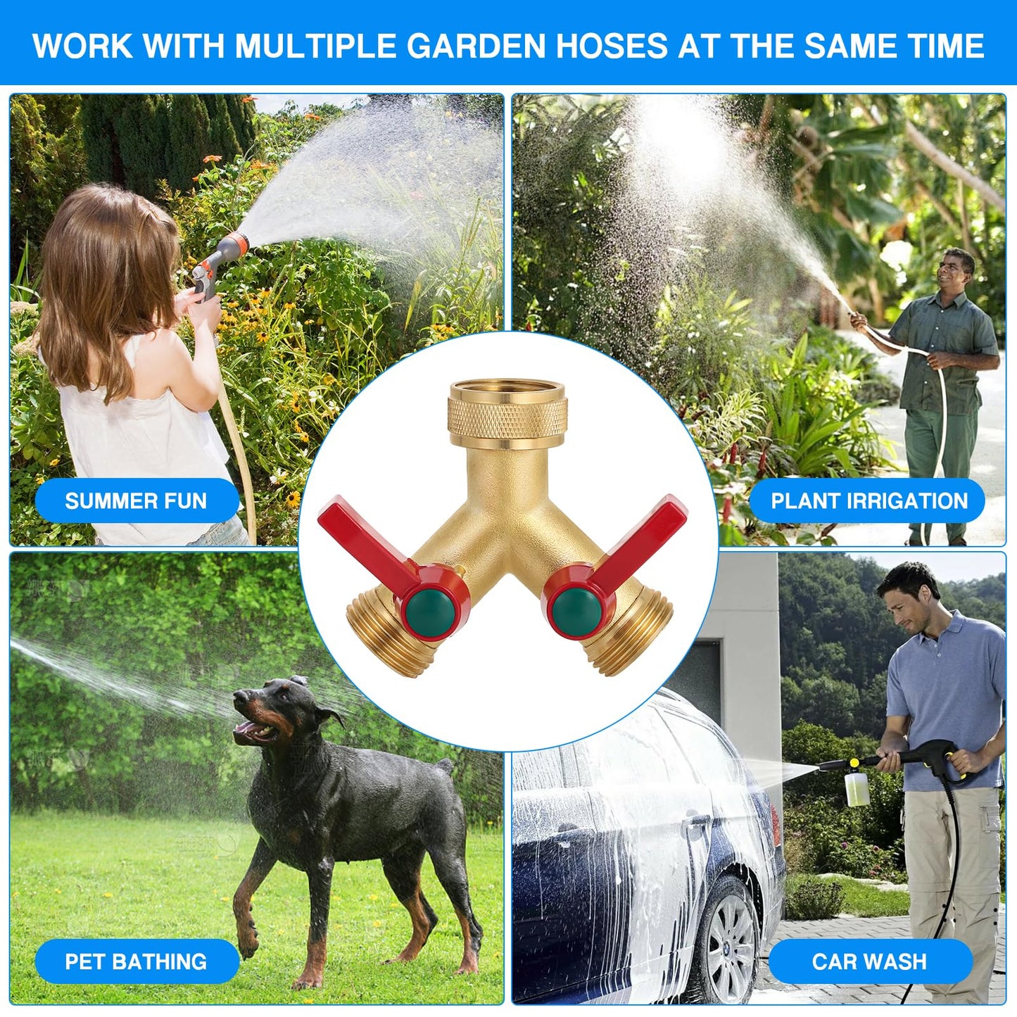 Brass Garden Hose Splitter, 2/3 Way Heavy Duty Outdoor Hose Splitter, 3/4" Hose Y Faucet Splitter with Leak Proof Tape and 2 Extra Rubber Gaskets for Regulating and Shutting Off Water Flow (2 WAY)