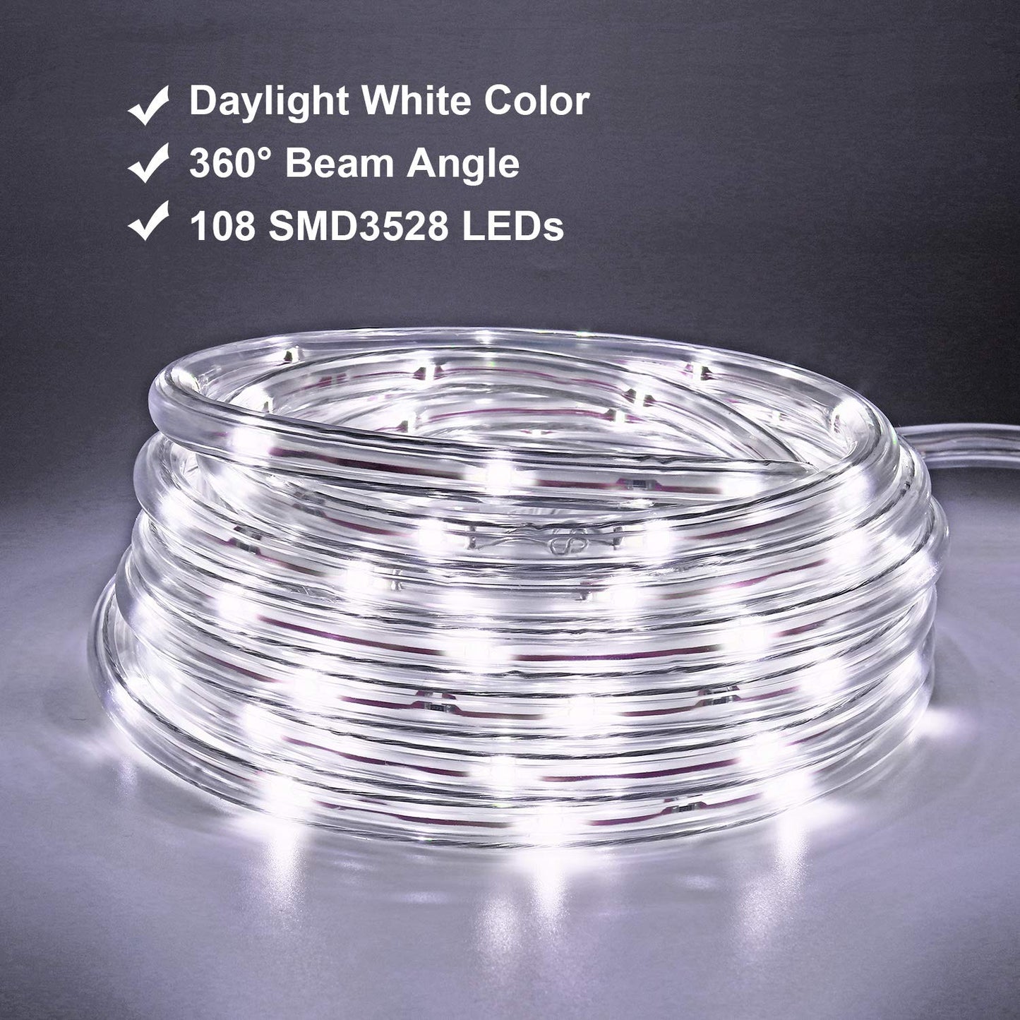 Areful LED Rope Lights, 16ft Daylight White Strip Lights with Clear PVC Jacket, Connectable and Flexible, Waterproof for Indoor Outdoor use, 110V Plugin Tape Lighting with High Brightness 3528 LEDs