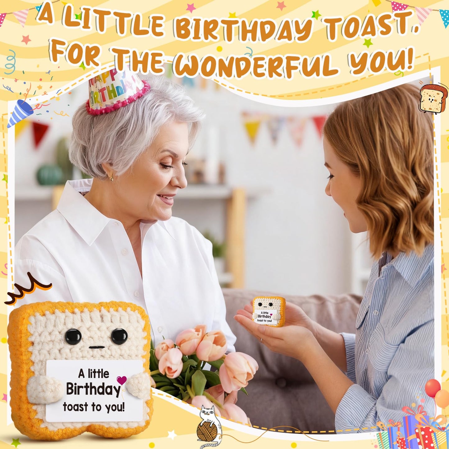 Ovrrcame A Little Birthday Toast to You - Funny Happy Birthday Gifts for Women, Men, Mom, Dad, Sister, Best Friend - Unique Birthday Decorations Crochet Toast Gift Card for Her/Him Ideas, Mothers Day