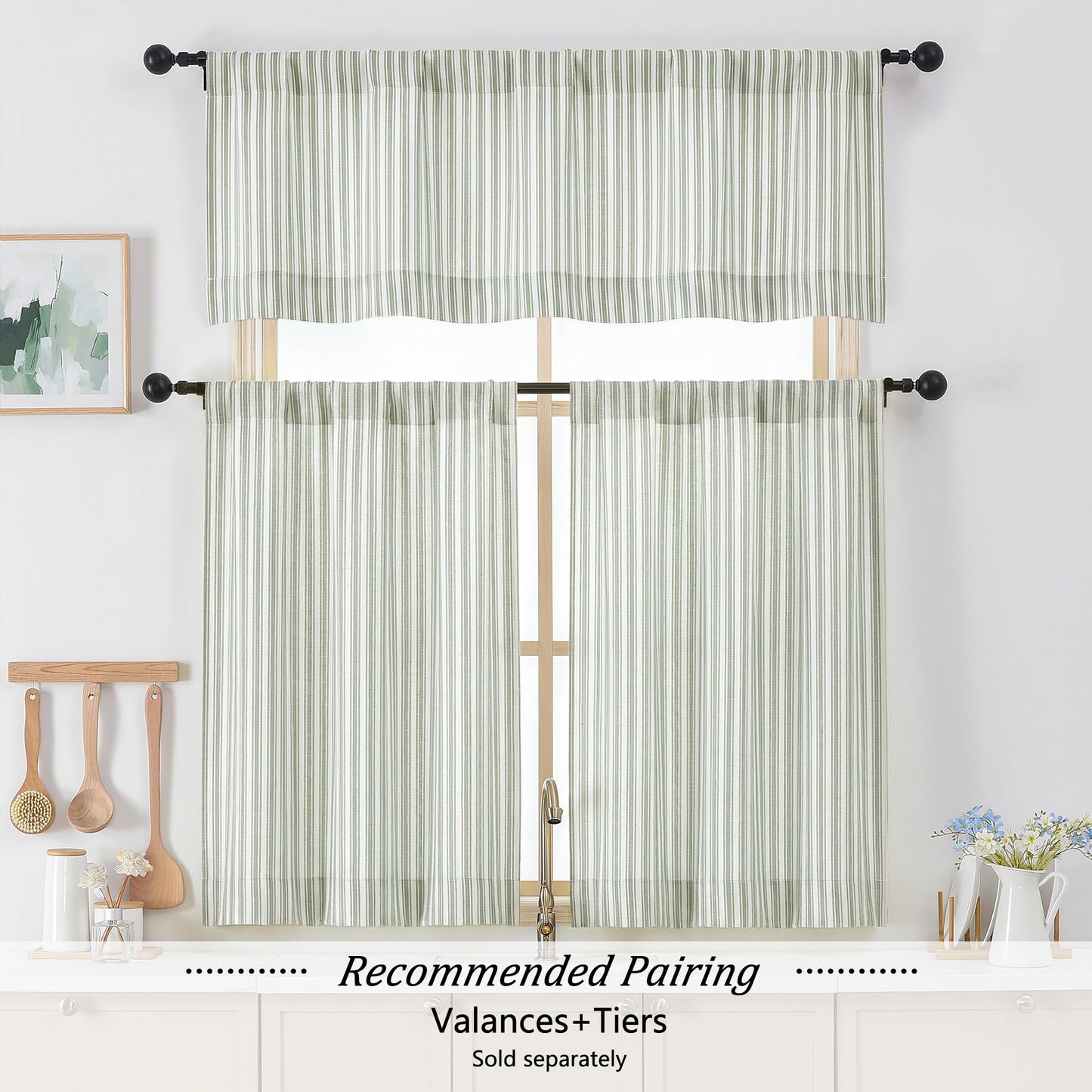 Chyhomenyc Striped Valances for Windows - Light Filtering Faux Linen Small Kitchen Valance Curtains, Boho Ticking Stripe Rod Pocket Farmhouse Valance for Living Room, 52Wx14L, 2 Pieces, Sage Green