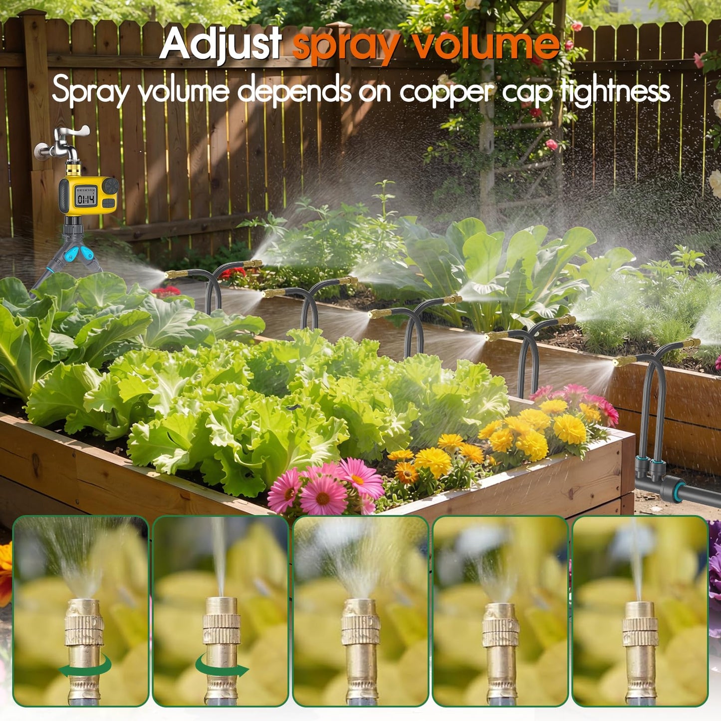 CyberOrd 360°Adjustable Drip Irrigation System Kit with Hose Timer - 98FT 1/2" Garden Watering System with 20 Copper Nozzles, Greenhouse Accessories, Irrigation System for Garden,Yard, Lawn, Plant