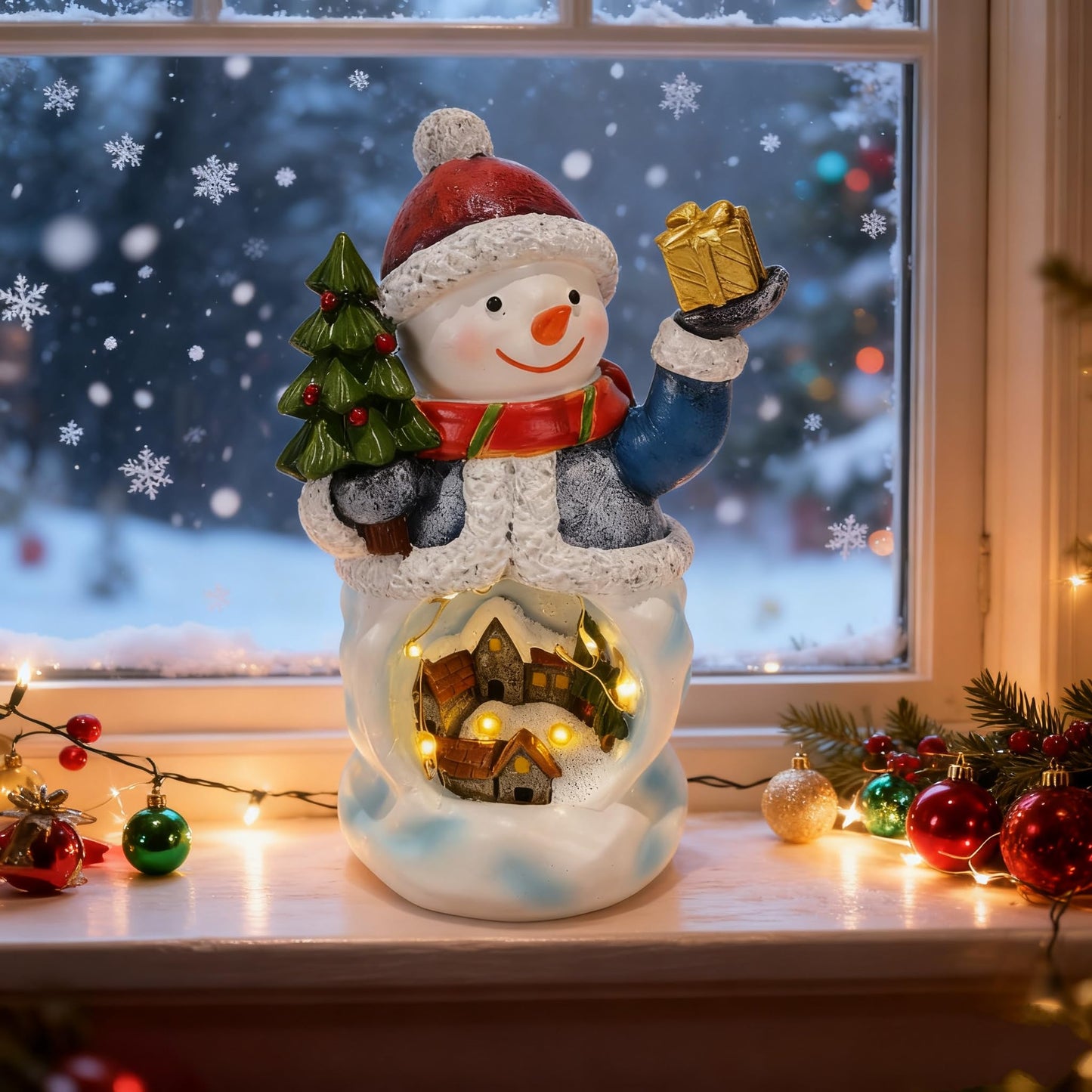 Yiosax Christmas Indoor Decorations Snowman Figurine Snowman House Light Decor Christmas Village Houses Statue Decorations Table Gift Winter Decor