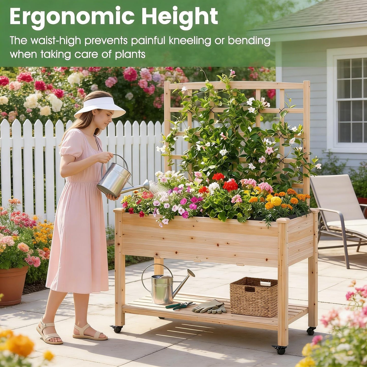 COSTWAY Wooden Raised Garden Bed with Trellis, Mobile Elevated Planter on Wheels, 285 lbs Capacity with Liner & Drainage Holes, Freestanding Outdoor Box for Climbing Plants, Vegetables, & Herbs