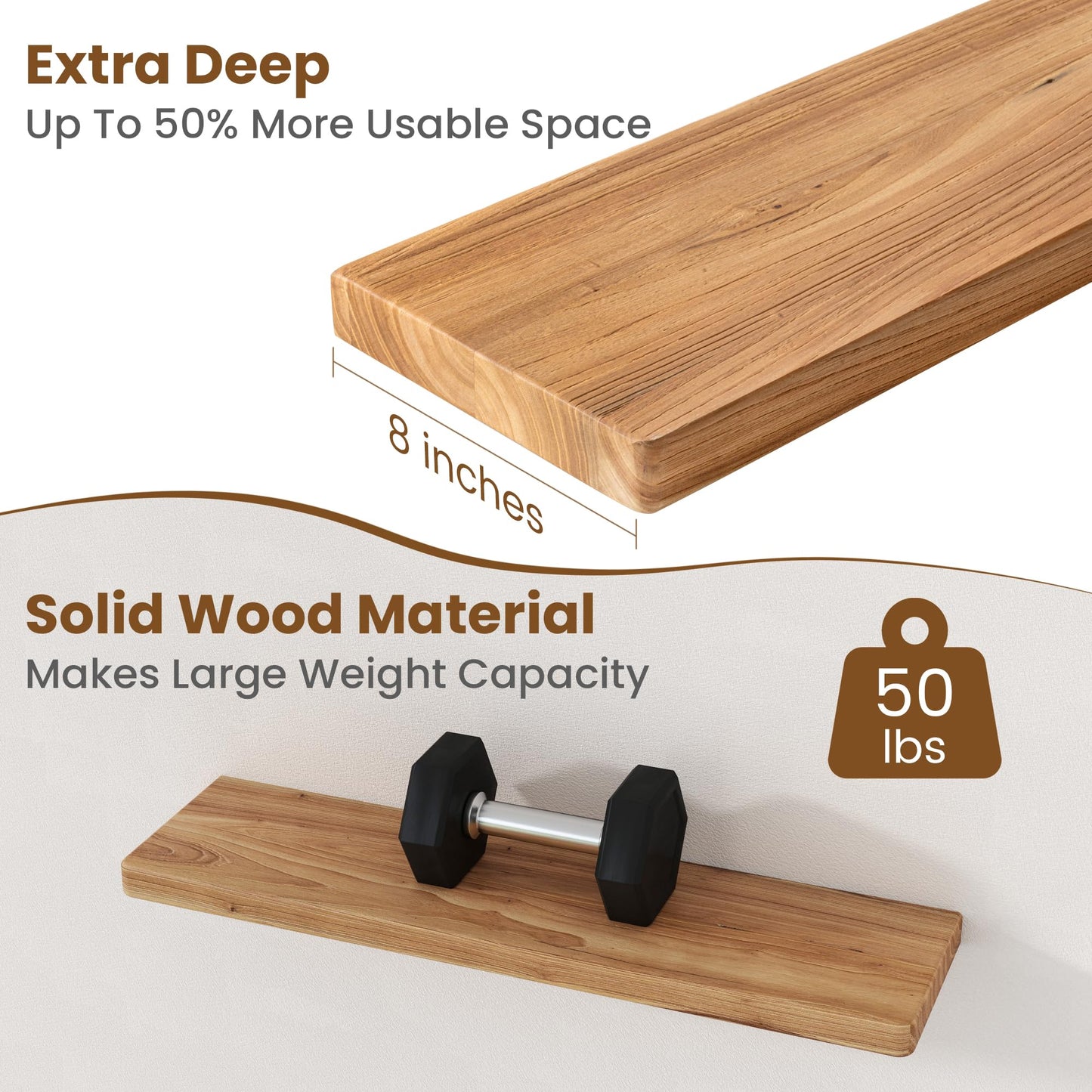 Floating Shelves for Wall, 30"Wx8"D Rustic Solid Elm Wood Floating Shelves Wall Mounted, Round Edge Wall Shelves with Invisible Bracket for Living Room Bathroom Bedroom Kitchen, Set of 2, Natural