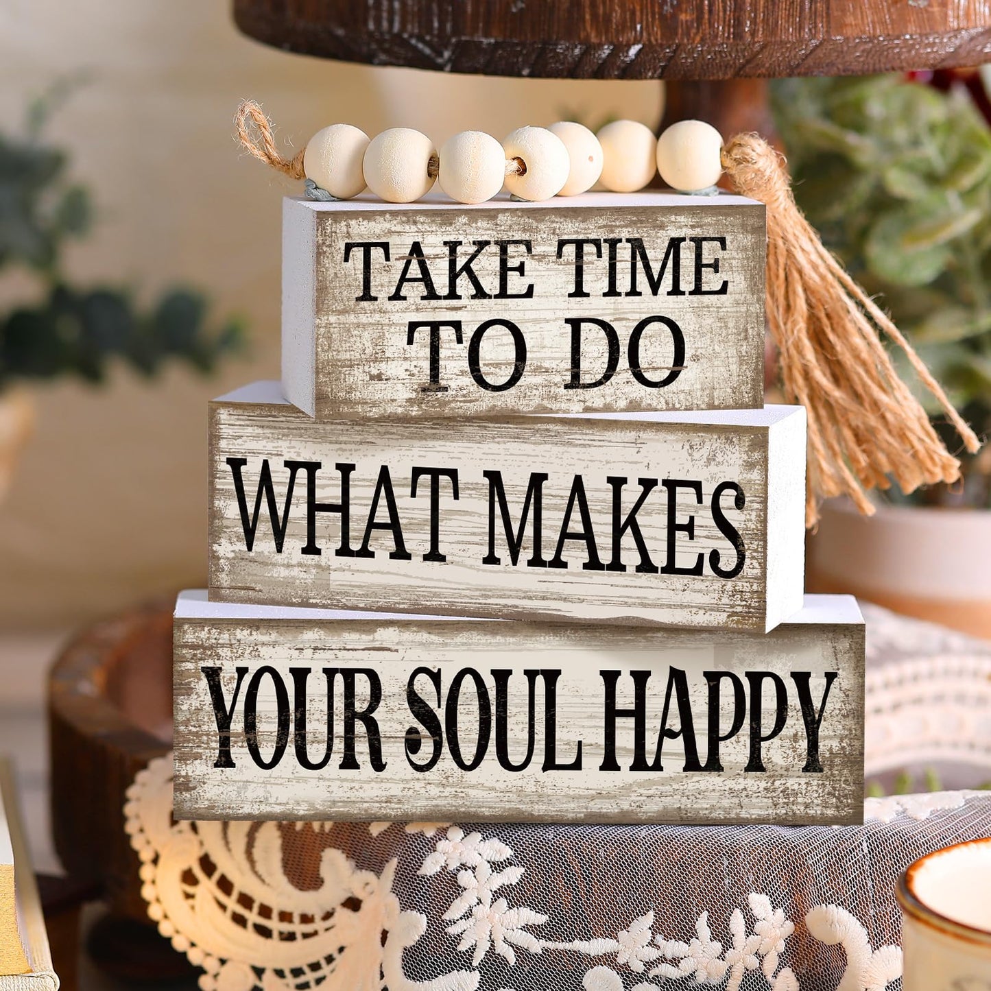 Yuntau 4 Pcs Farmhouse Tabletop Decoration Inspirational Farmhouse Tiered Tray Decor Rustic Retro Wood Bead Garland Take Time to Do What Makes Your Soul Happy Block Centerpiece Sign for Home Shelf