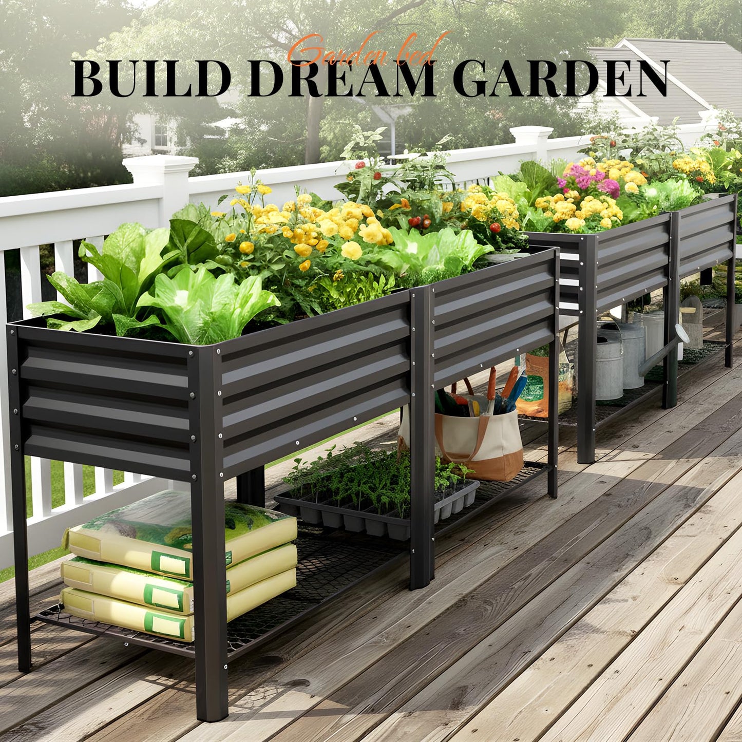 KING BIRD Large Raised Garden Bed with Legs & Storage Shelf Galvanized Elevated Planter Box for Backyard, Patio, Balcony, 600lb Capacity, Dark Grey 70.9x22.8x31.5 in