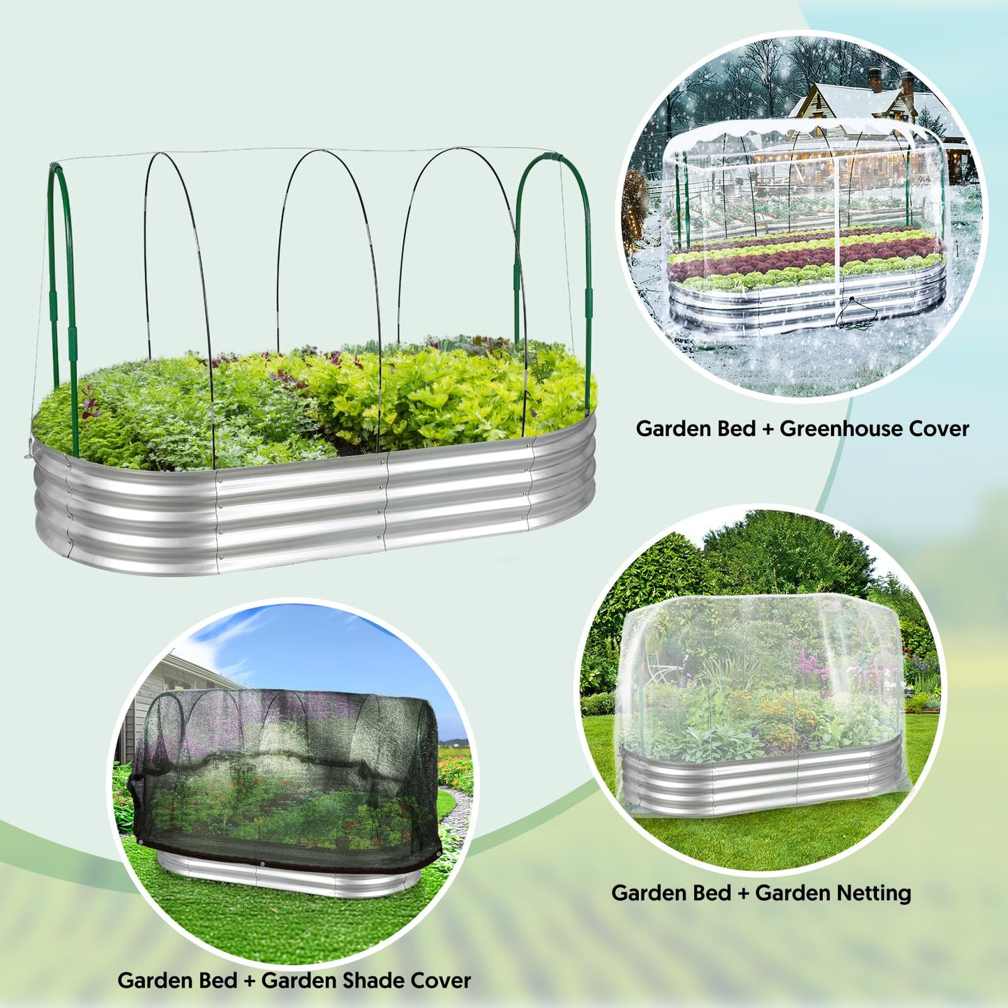 Raised Garden Bed with Greenhouse Frame and 3 Covers, 6x3x1 FT Garden Planting Box, Galvanized Metal Oval Tall Planter Box for Outdoor Gardening, Large Planting Space for Vegetables, Flowers