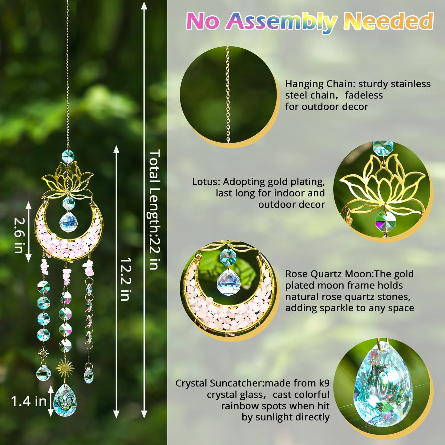 Glistify Upgraded Quartz Crystal Suncatcher with Stainless Chain for Window,Rust Resistant Easy to Hang Sun Catcher for Indoor Outdoor,No Assembly Sparkly Light Catcher