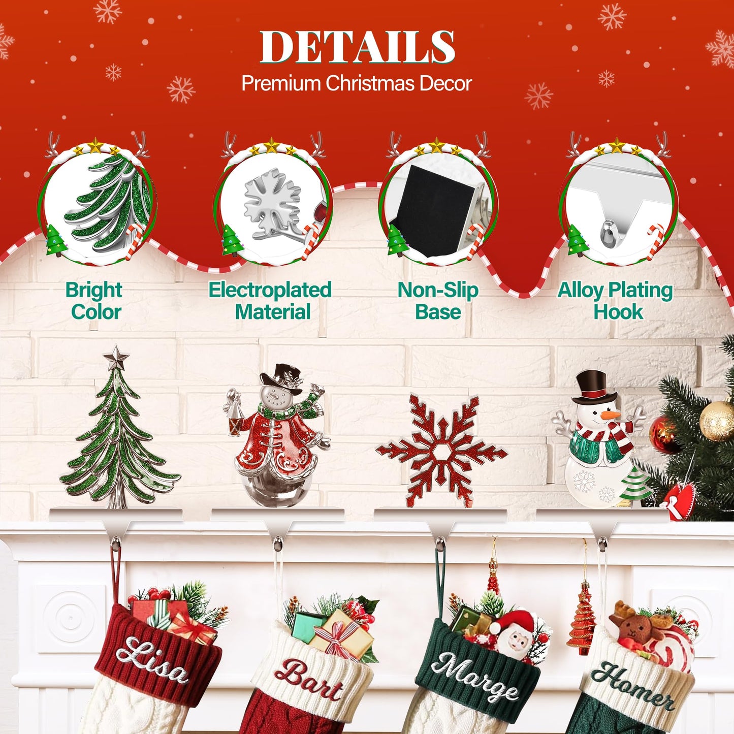 Loncaster Set of 4 Christmas Stocking Holders for Mantle, Christmas Tree Weighted Stocking Holder, Snowflakes Stocking Hangers for Mantle,Christmas Stocking Holder for Fireplace Christmas Decorations