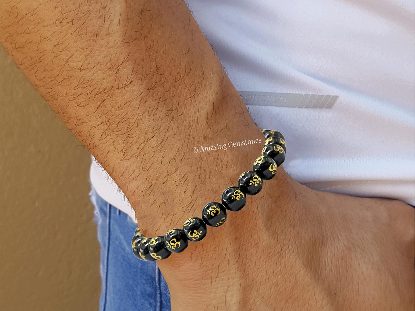 Amazing Gemstone Crystal Bracelet for Women Men's Gifts - Protection Healing Crystal Bracelet - 8mm Gemstone Beaded Stretchable Bracelet Pulseras Para Hombres Mujer Stocking Stuffers Mothers Day Gift (OM Black Agate)