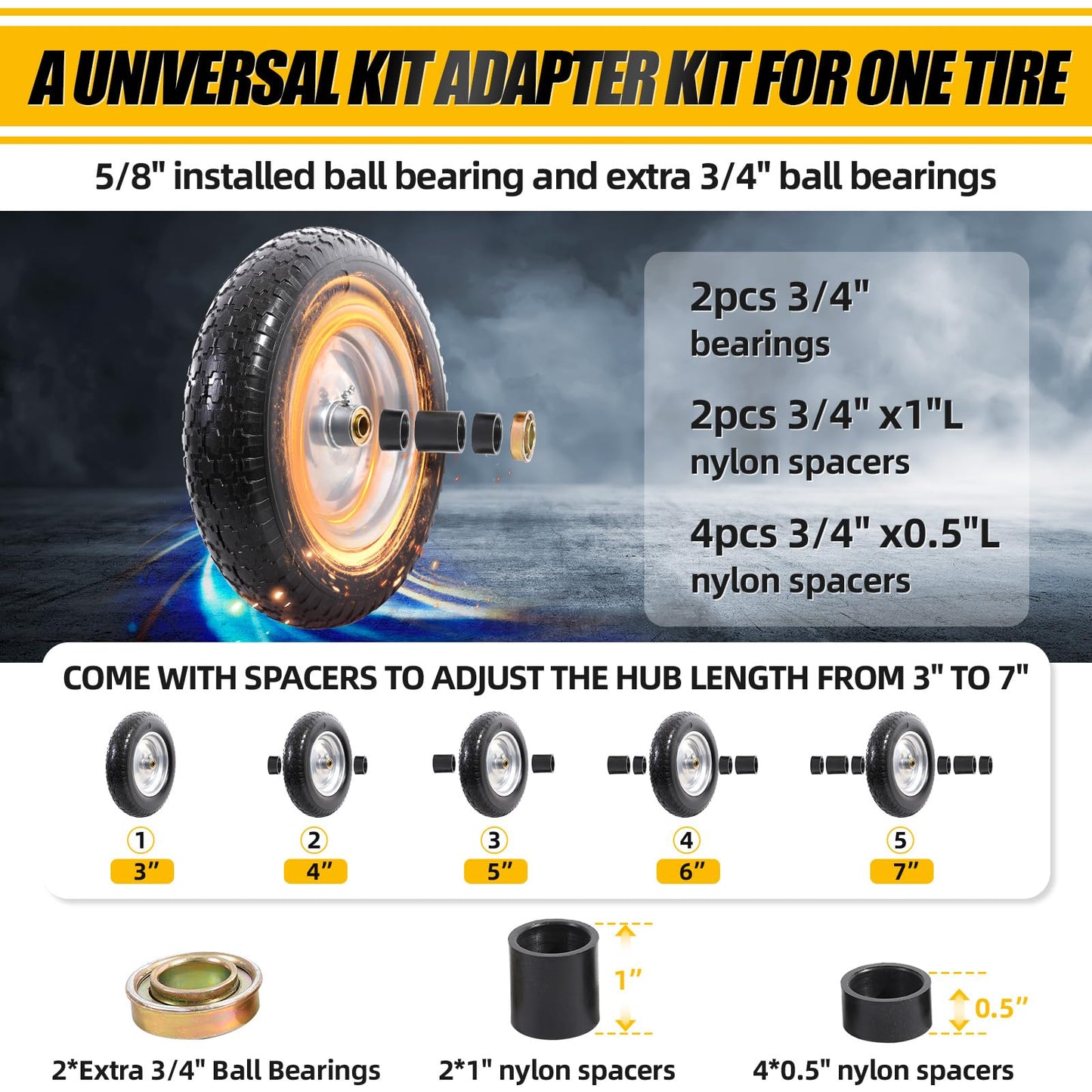 MZREXN 14.5" Wheelbarrow Tire Flat-Free 3.00/3.25/3.50/4.00-8" Solid Tire and Wheel with 3"-7" Centered Hub, 3/4" & 5/8" Bearings Replacement for Hand Truck/Dolly/Utility Cart/Garden Cart 2PCS Silver