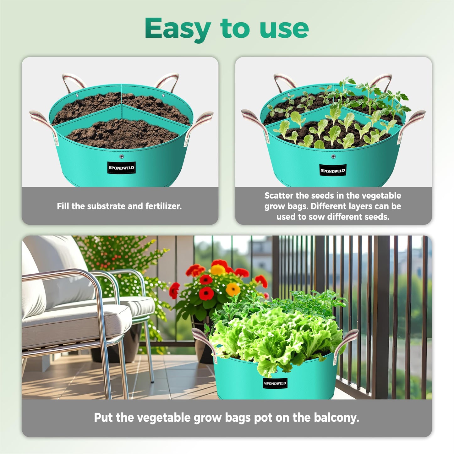 SPONDWILD [Upgraded] 2 Pack 15 Gallon 3 Compartment Potato Grow Bag,Vegetable Growing BagThickened PE Garden Pots with Drainage Holes Branch-Binding Holes, Reusable Plant Bag for Vegetables、Flowers