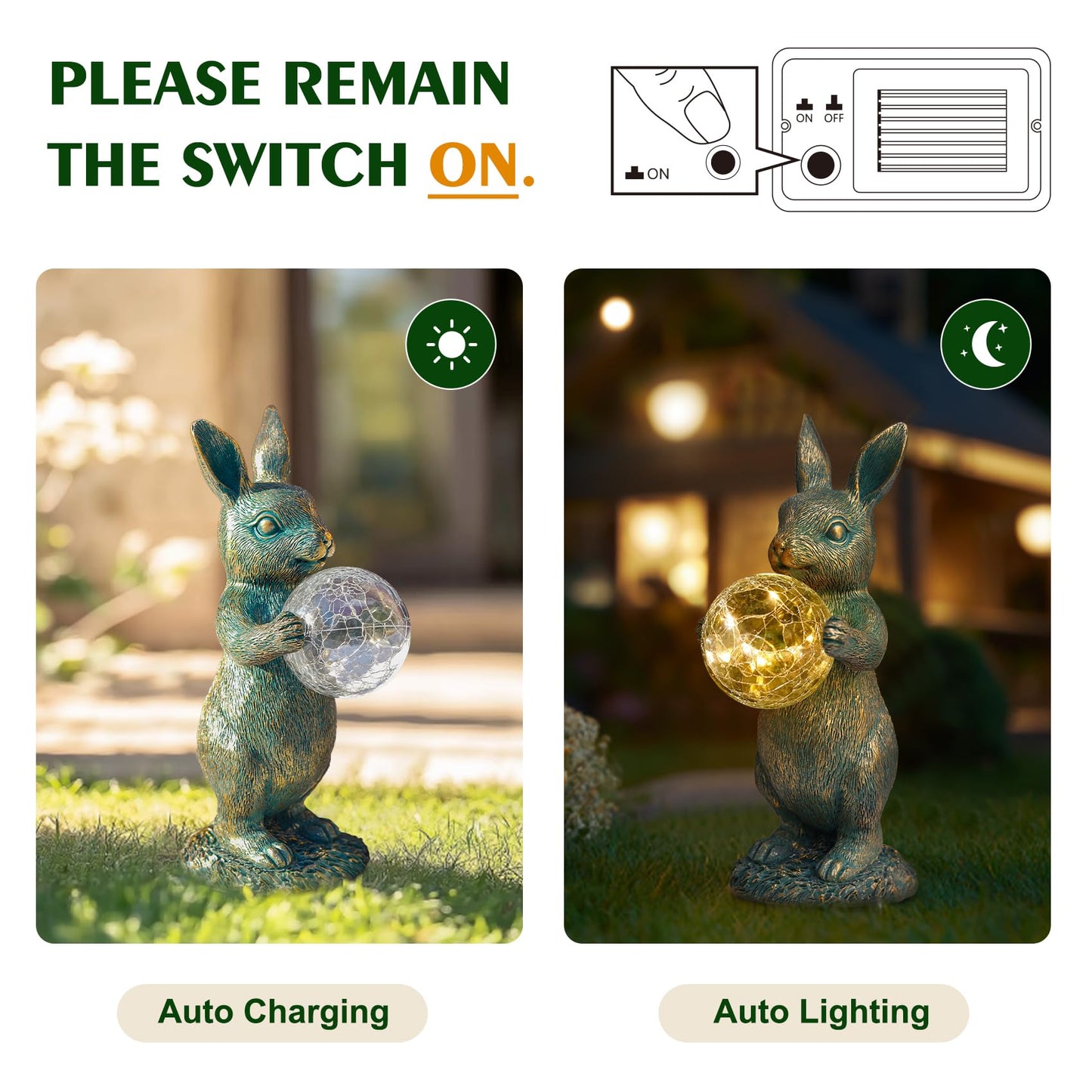 zuzuzen Solar Rabbit Statue with LED Lights, Outdoor Garden Decor, Bunny Figurine for Patio Yard, Lawn Ornament, Easter & Housewarming Gift