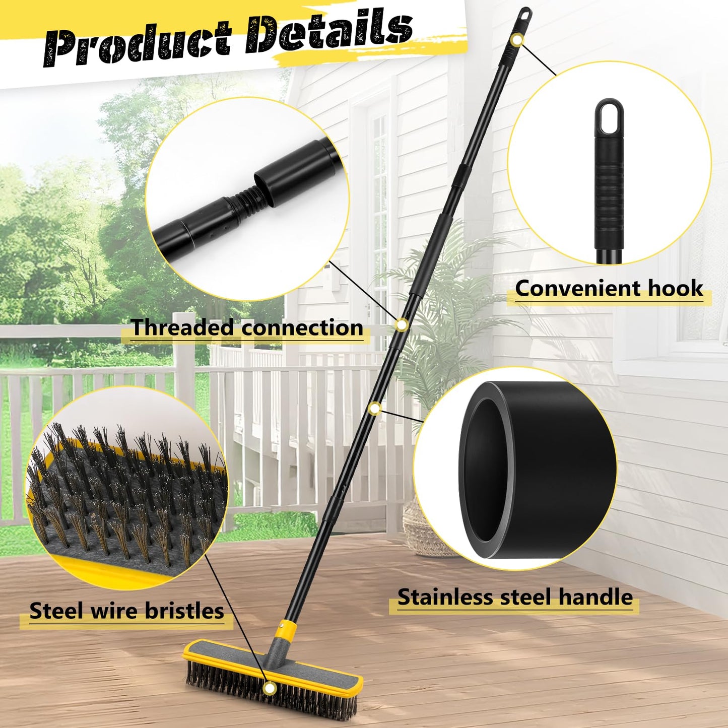 Heavy Duty Broom Wire Floor Scrub Brush with Long Handle, 2 in 1 Scrape and Stainless Steel Bristle Brooms Scrubber for Deck Concrete Patio Outdoor Moss Removal