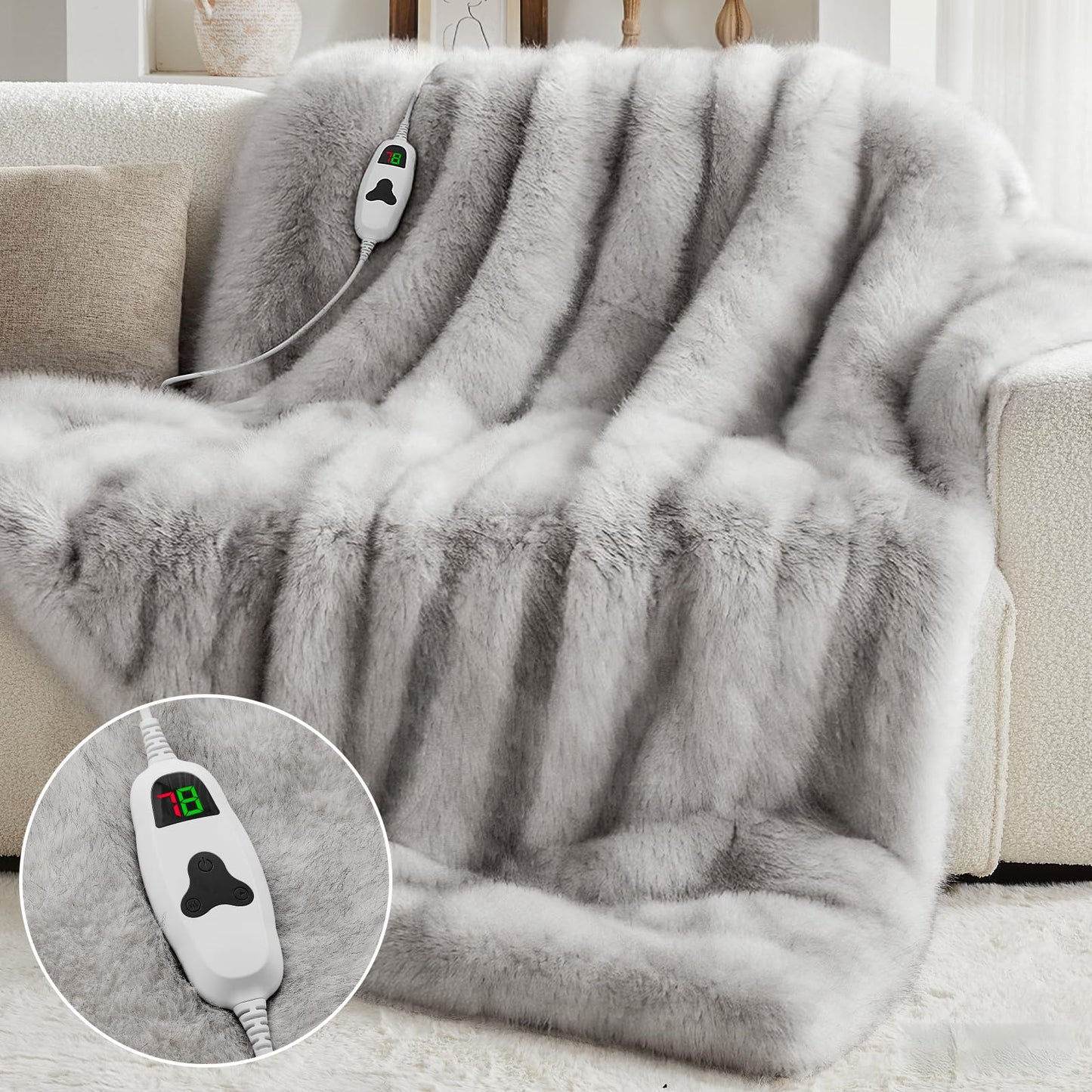 Heated Electric Blanket Throw,Octrot 50"X60" Faux Fur Heating Blanket Luxury Christmas Gifts Heavy Plush with 10 Heats Levels & 8 Hours Auto Off,Super Cozy Warm Fuzzy,Fluffy Decor Winter Warming,White
