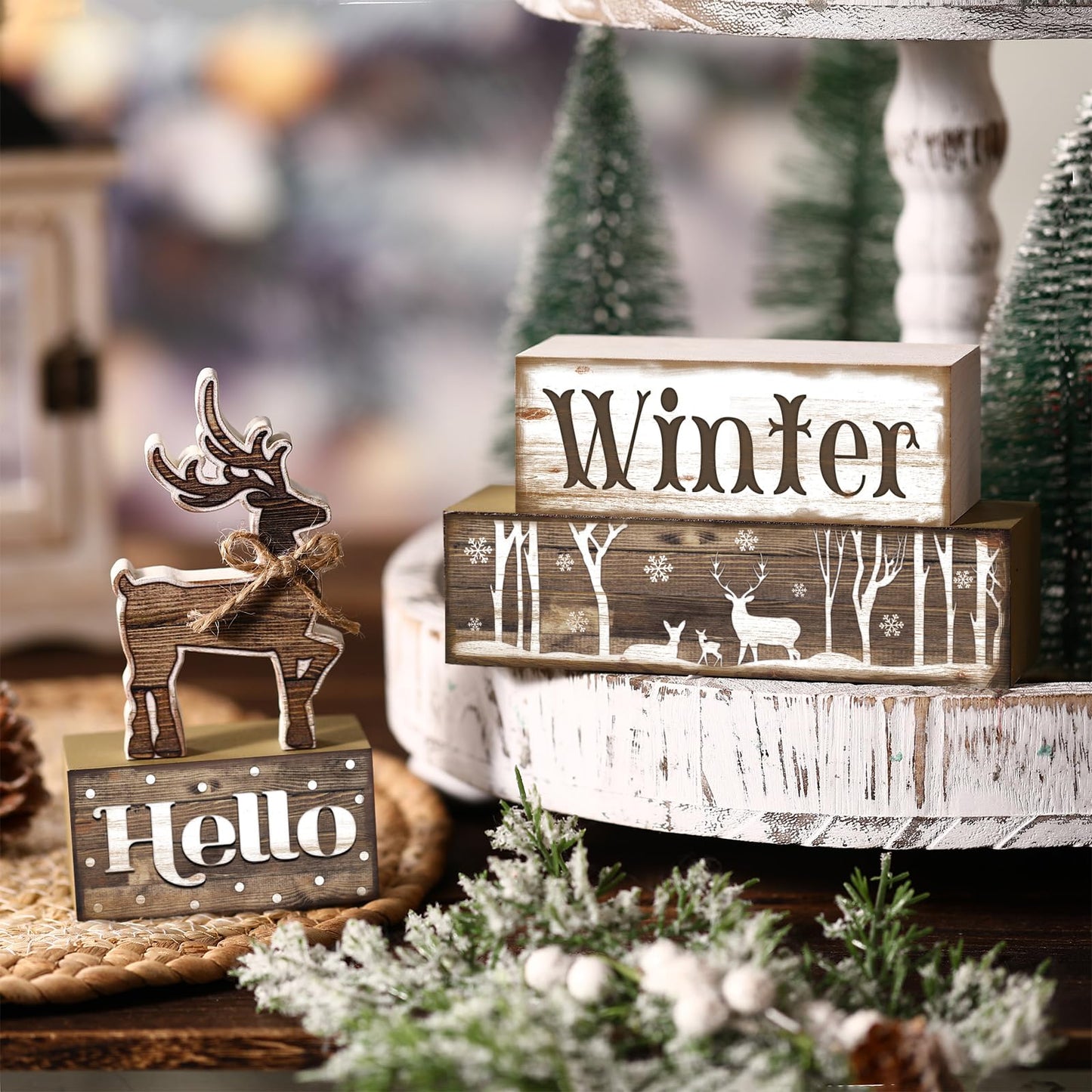 Moucuny 4 Pcs Hello Winter Table Decor Winter Tiered Tray Decor Elk Wooden Decorative Signage Centerpieces Farmhouse Wooden Block Set Table Sign for Home