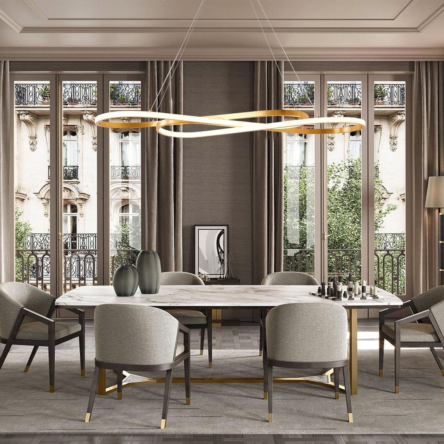 Gold Led Chandelier for Kitchen Island Lighting,Dimmable Modern Chandelier for Dining Room, L39.4" Modern Led Pendant Light Fixture Height Adjustable Brushed Gold Dining Room Light Fixture Over Table