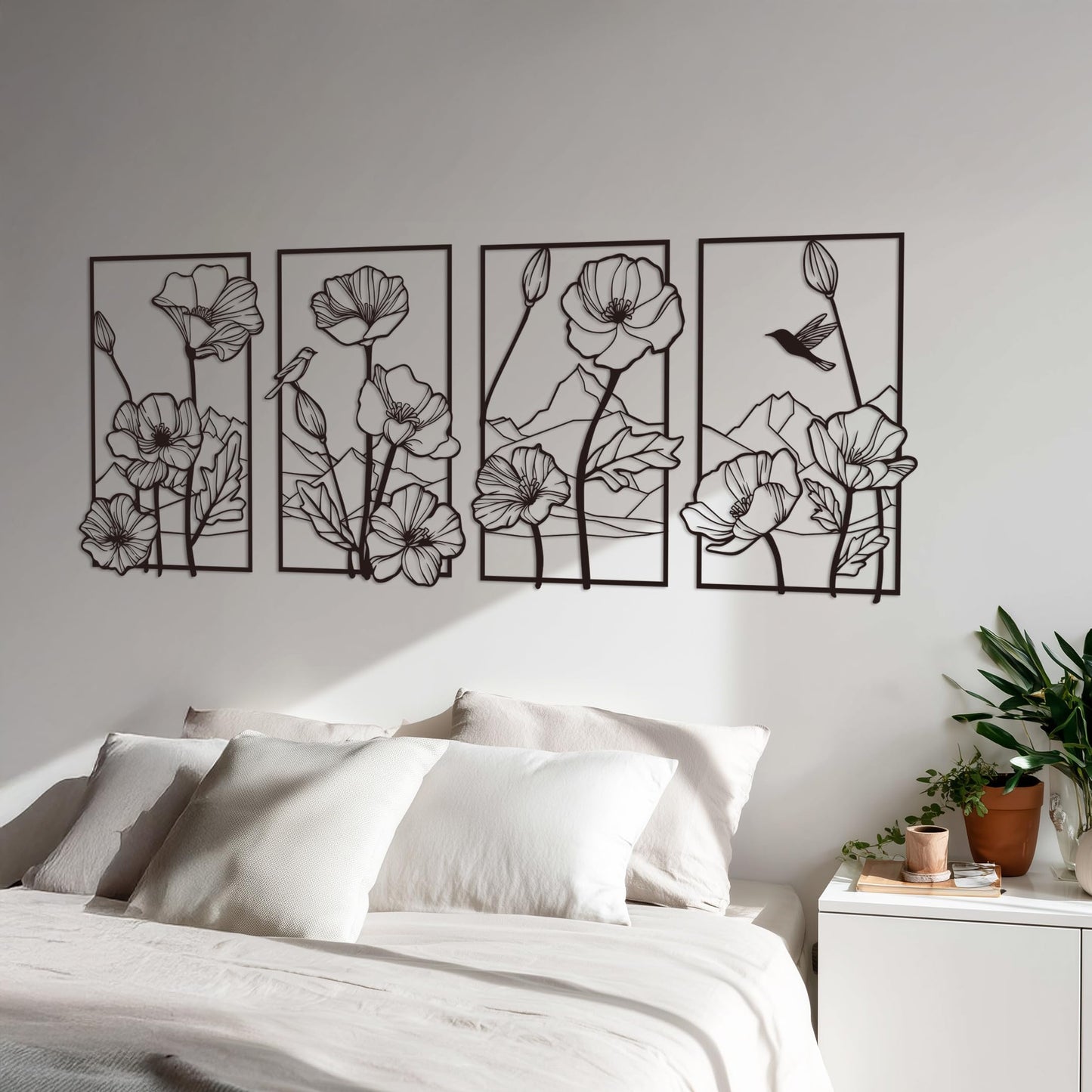 deeinglif Black Metal Wall Art Set of 4, 3D Metal Wall Decor for Living Room Bedroom Bathroom, Abstract Floral Mountain Nature Wall Sculptures, Modern Minimalist Iron Wall Art, 12 x 17 Inch