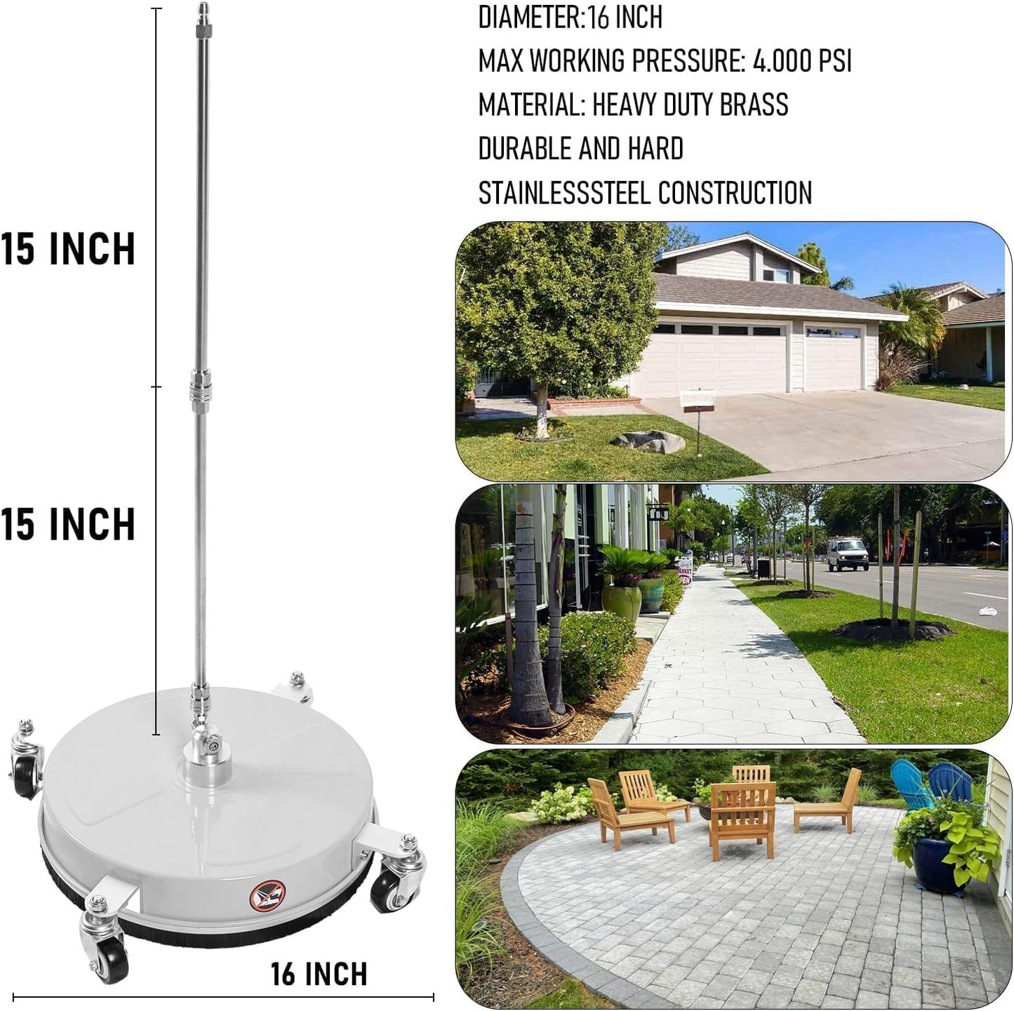 Hourleey 16" Pressure Washer Surface Cleaner, Stainless Steel Surface Cleaner with 4 Wheels for Concrete, Patio, Sidewalk, Deck, Pathway 1/4" Quick Connector, 2 Extension Wand, 4000 PSI