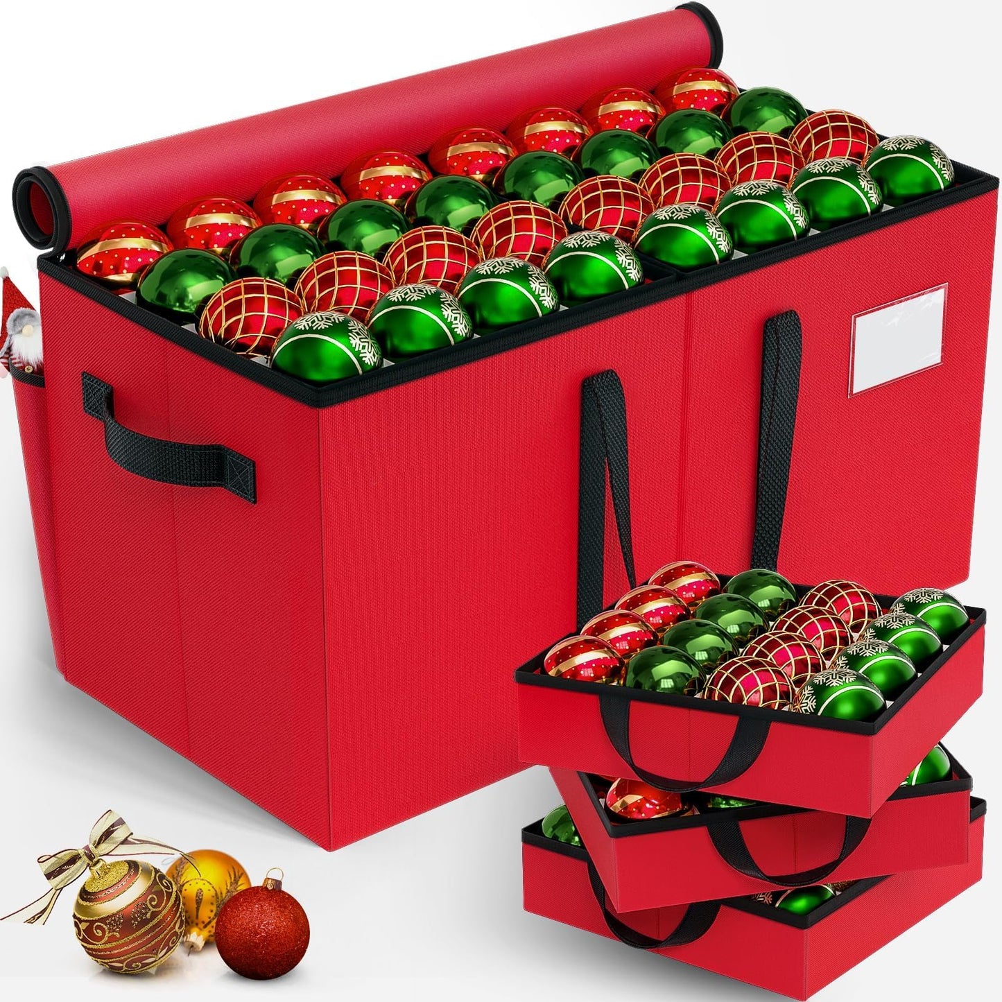 EverMerry Christmas Ornament Storage Box - Large & Sturdy Christmas Storage Container with Adjustable Dividers, 8 Individual Trays and Handles, Holds up to 128 Holiday Decorations (Red)