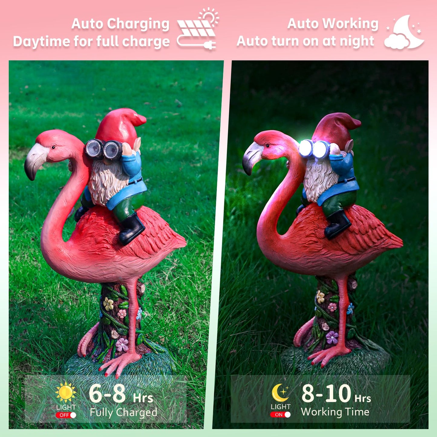 ArtTerpnica Solar Flamingo Gnome Garden Decor Statue, Outdoor Funny Solar Light Decoration for Yard, Patio, Lawn, Unique Housewarming, Birthday Gift for Women, Mom, Grandma
